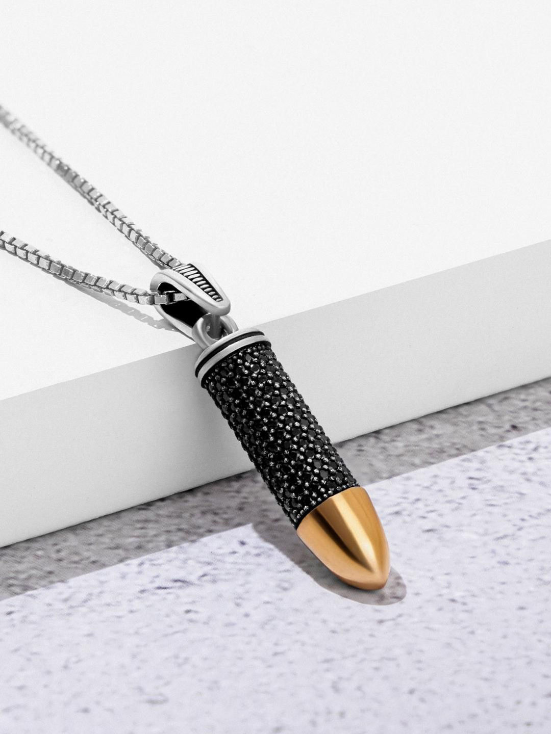 ORIONZ Men Sterling Silver Oxidised Bullet Shaped Pendant