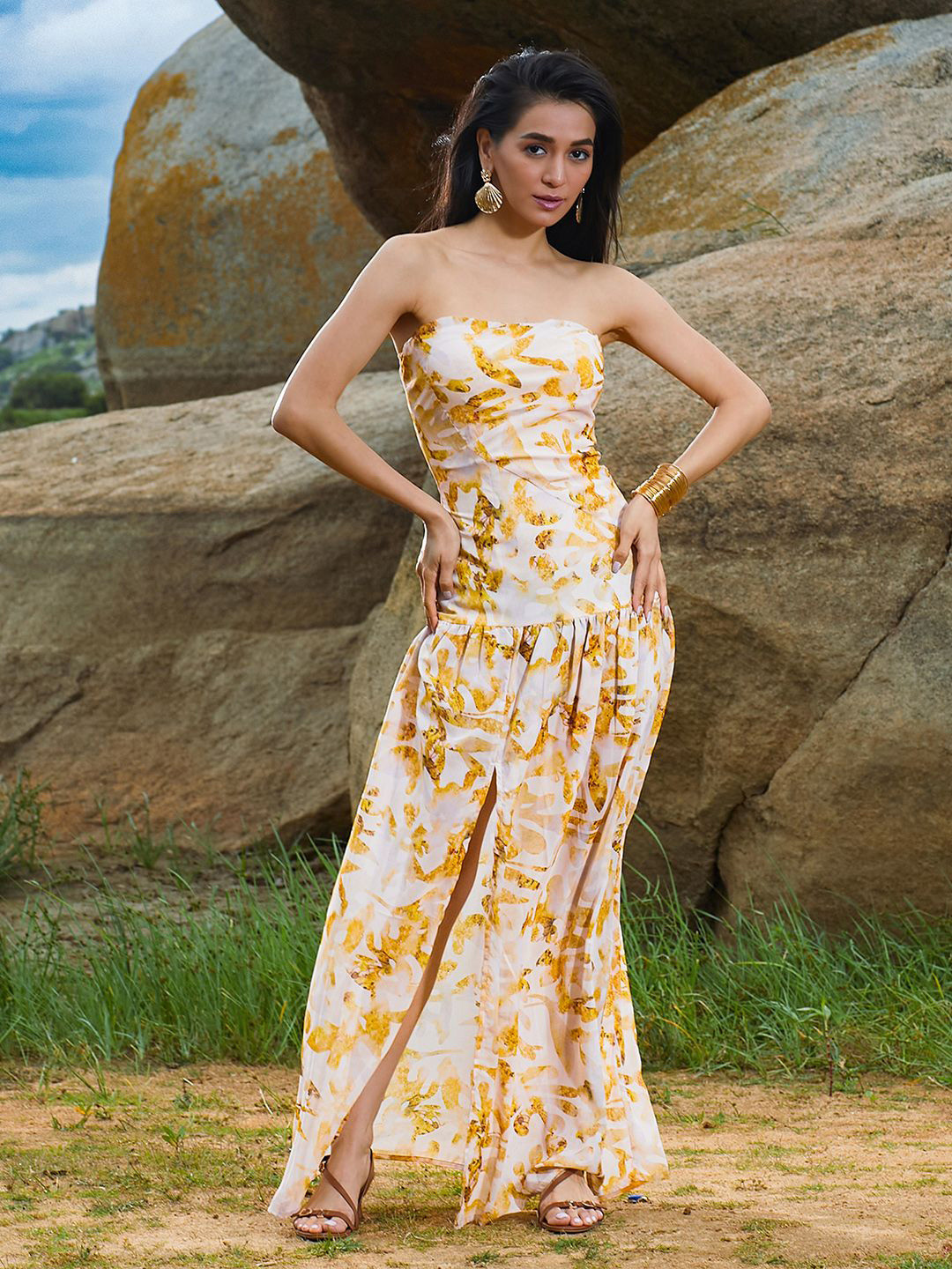 PINACOLADA Abstract Print Gathered or Pleated Strapless Maxi Dress