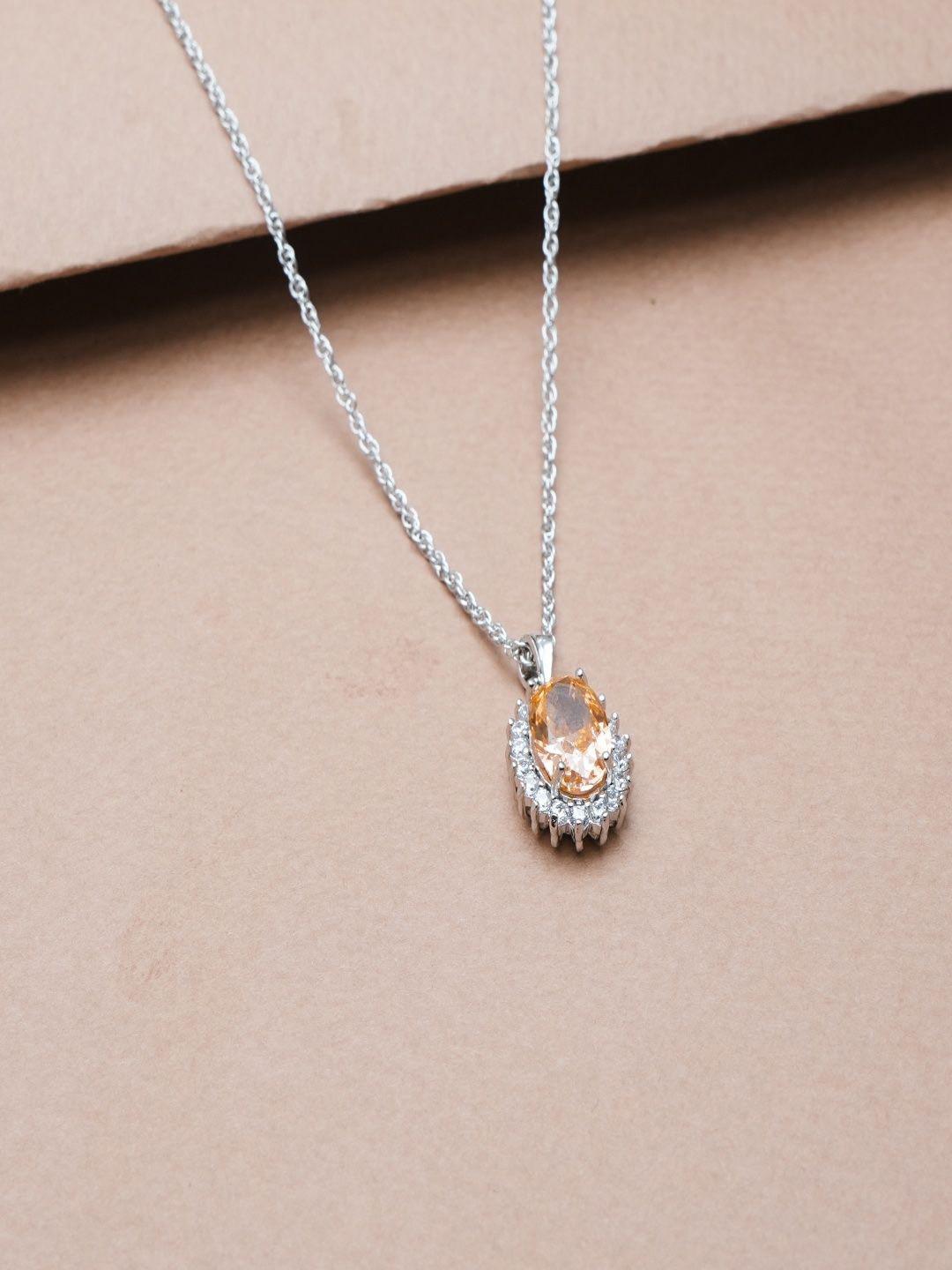 TASSYA Women Silver & Orange With Silver Pleated Chain With Oval Pendant