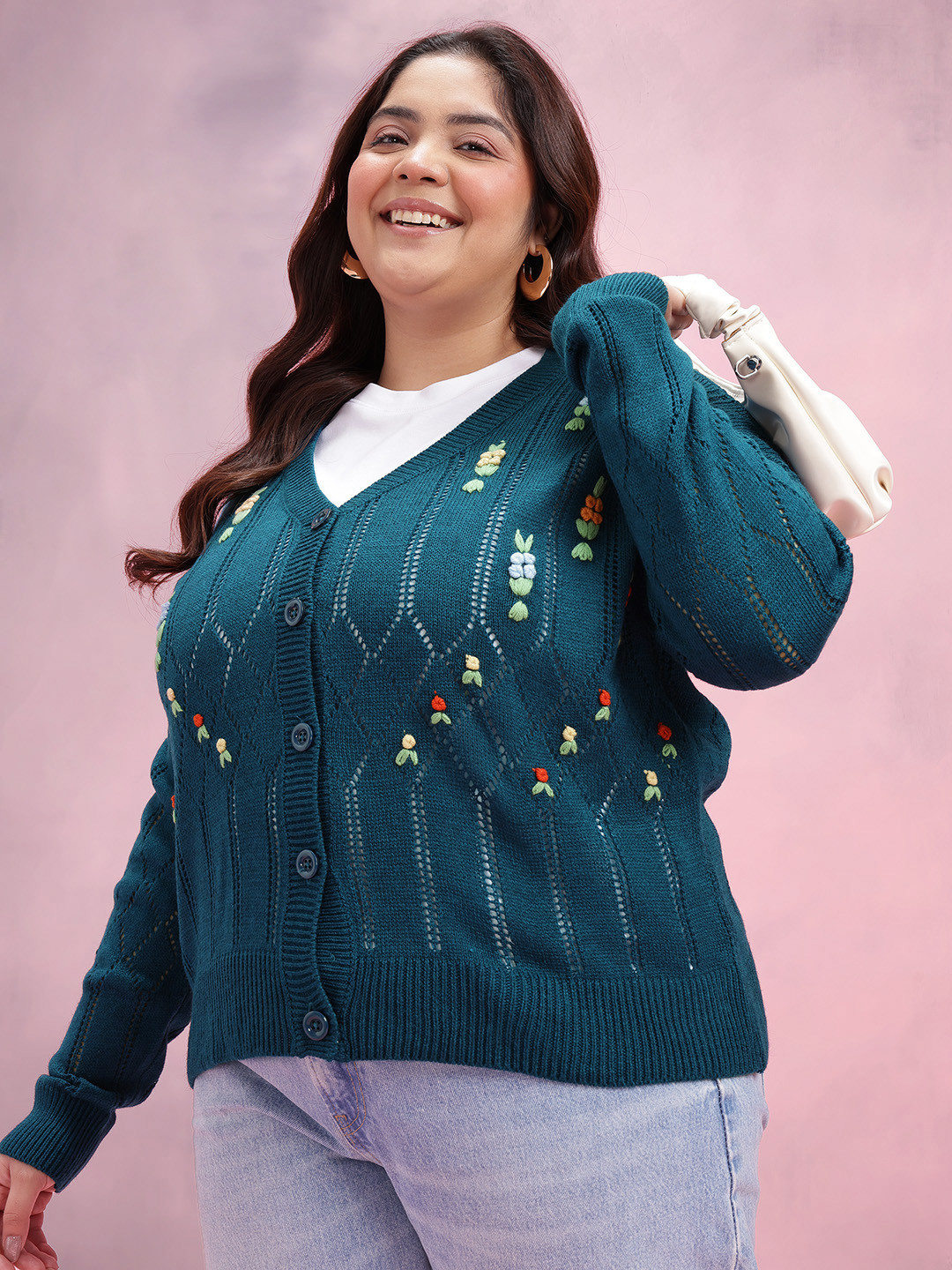 DressBerry Curve Floral Self Design V-Neck Knitted Cardigan