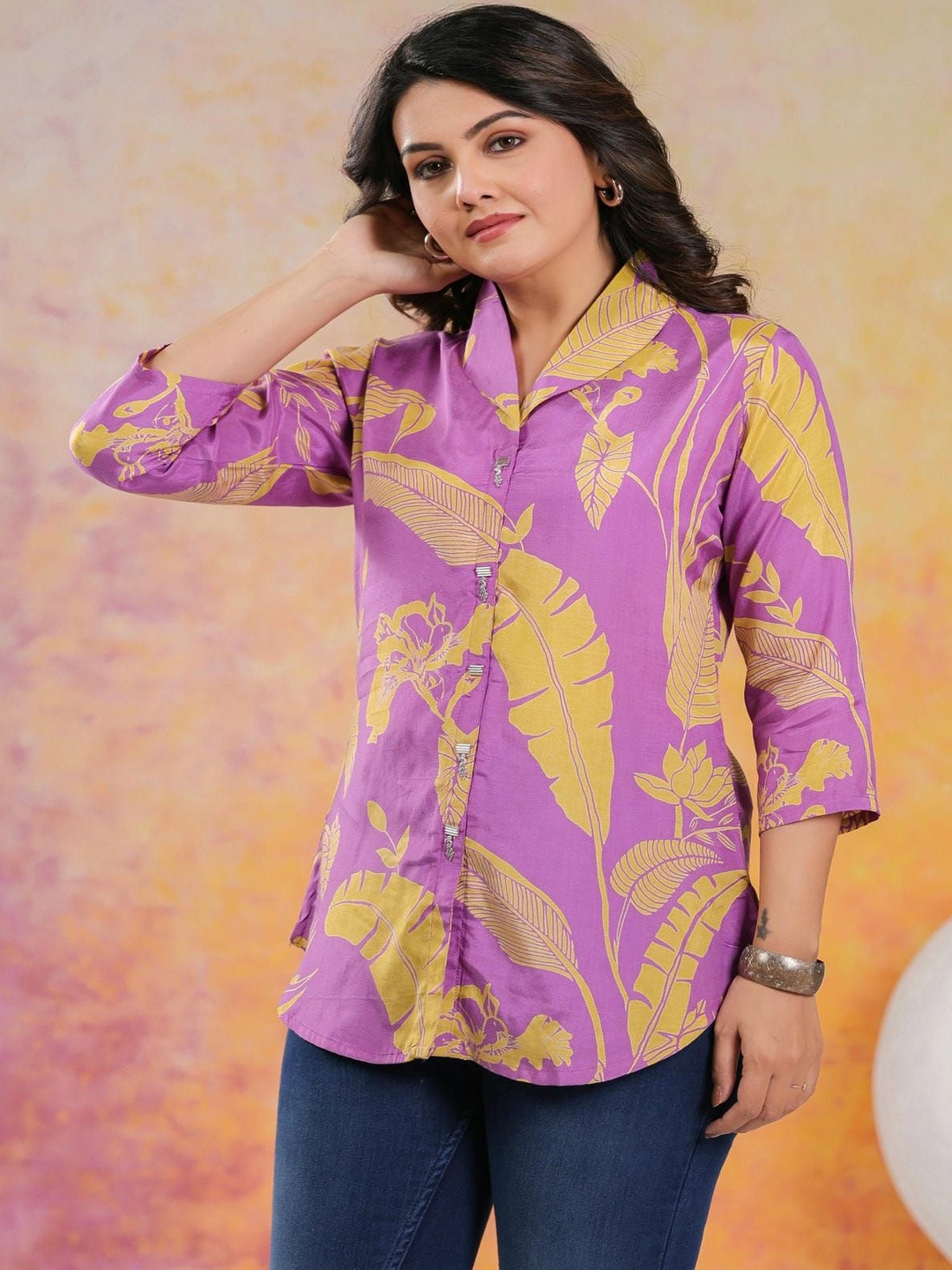 KALINI Lavender Base Yellow Color Abstract Print Russian Silk Tunic