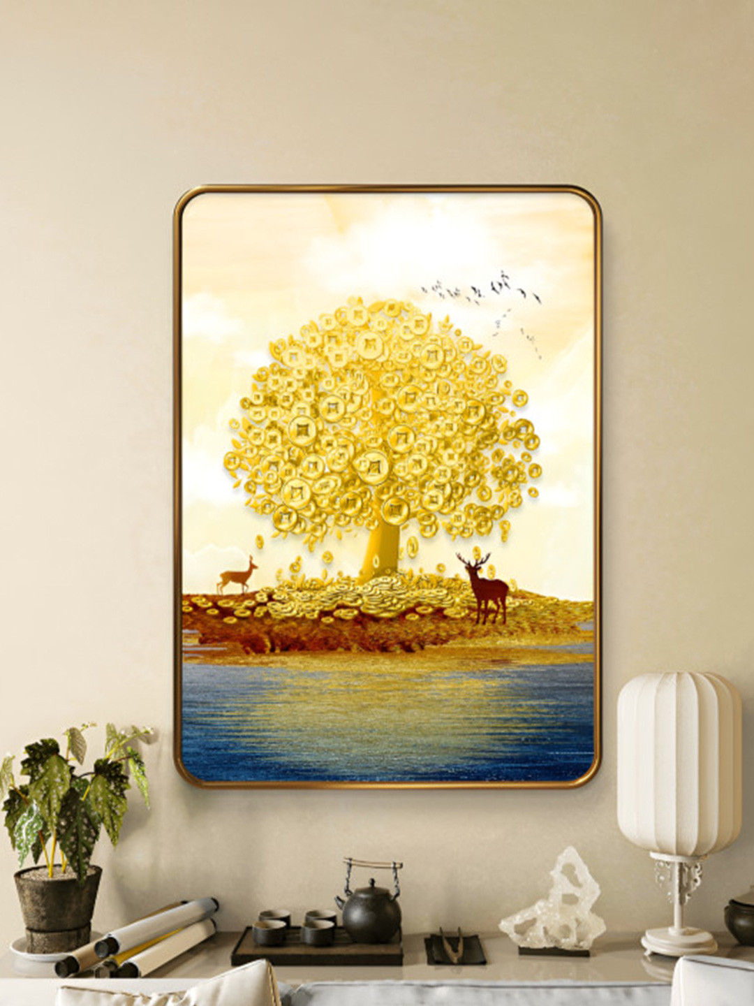 SAF Yellow & Red Golden Tree Sparkle Lamination Wood Wall Painting