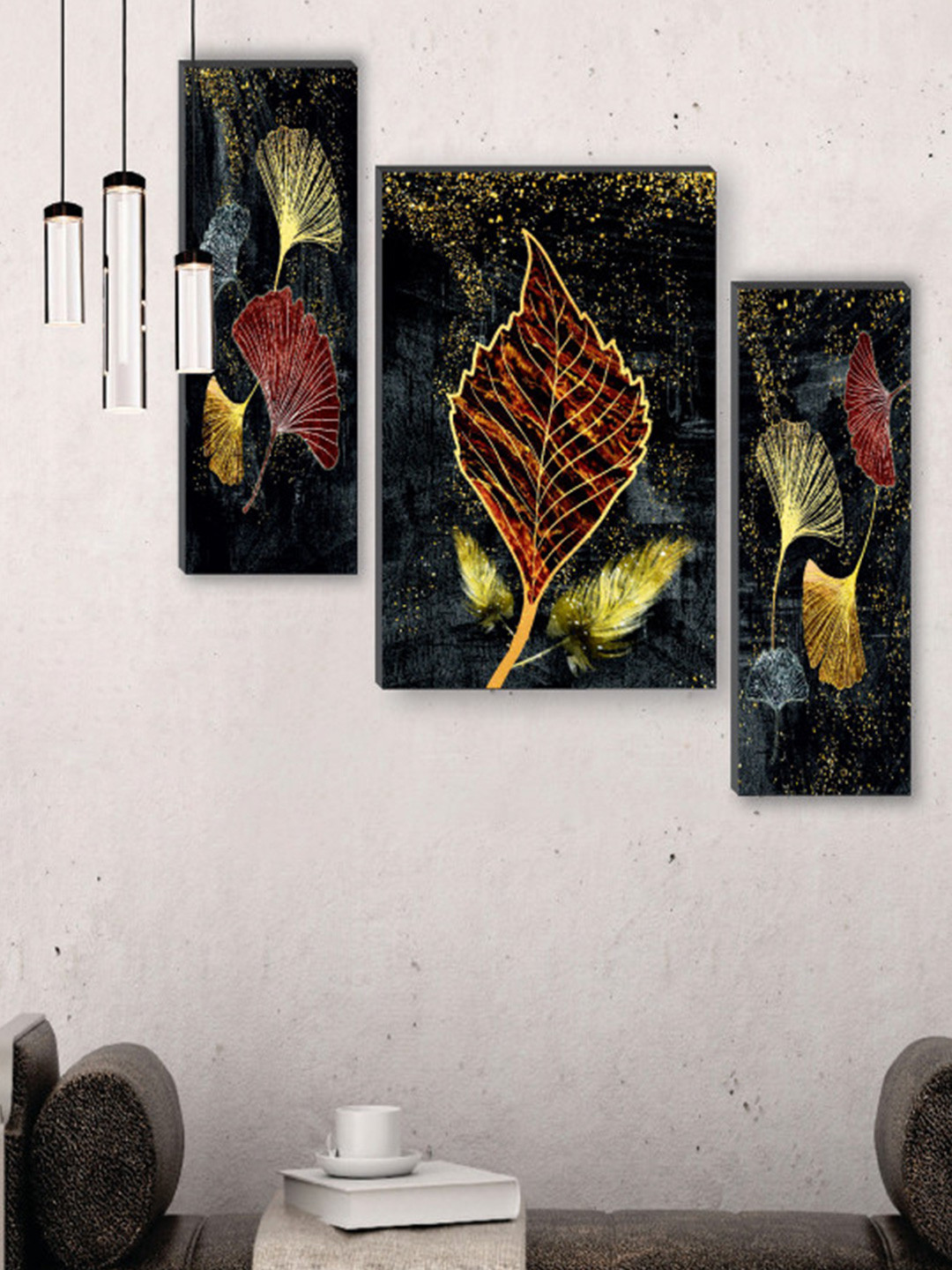 SAF Black 3 Pcs Preety Flower Pot UV Textured Self Adhesive Frame Painting Wall Art