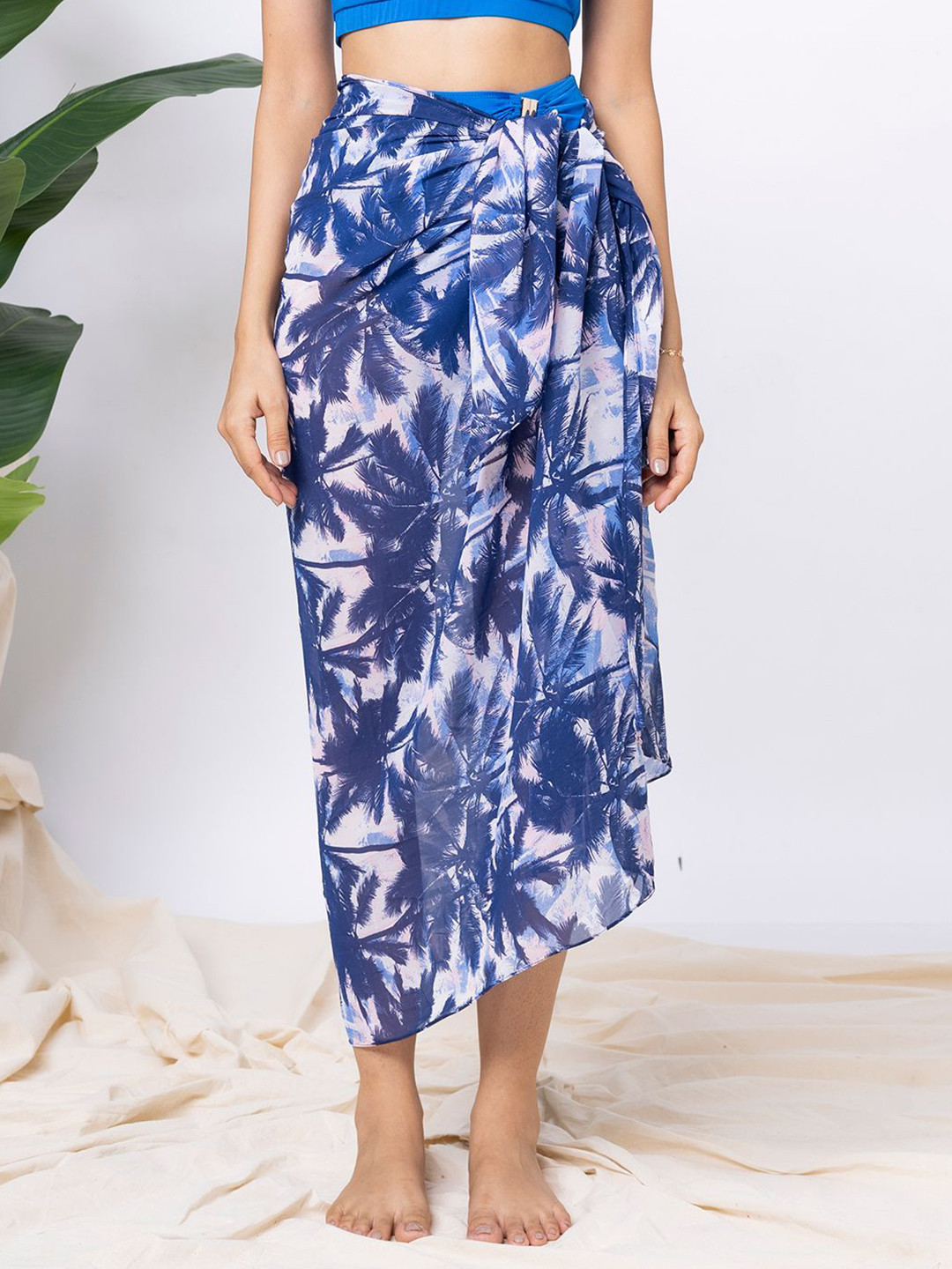 Aoba  White Palm Tree Printed Georgette Sarong Swimwear Cover-Up Bottom