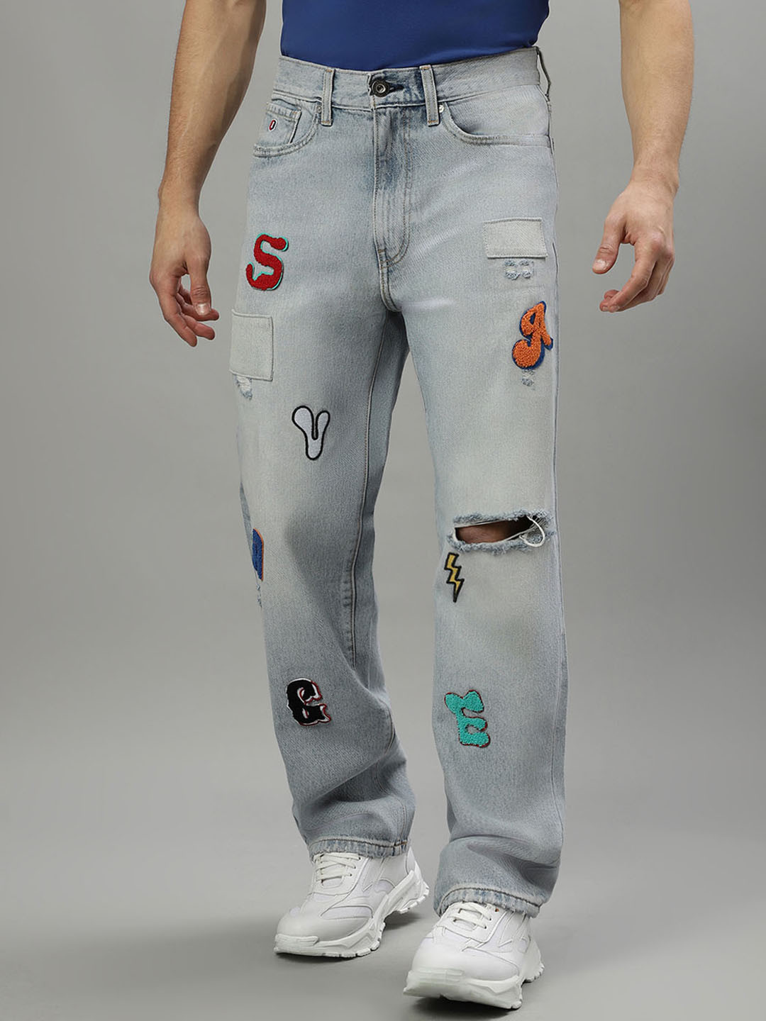 Iconic Men Wide Leg Typography Printed Low Distressed Heavy Fade Jeans