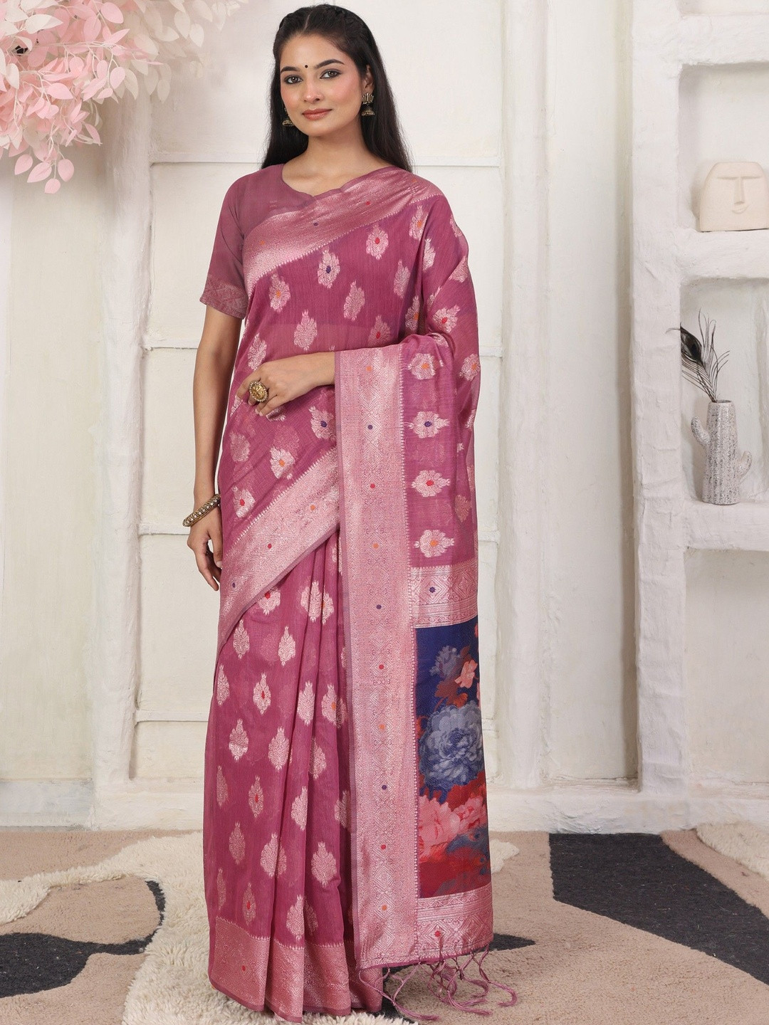 KALINI Woven Design Zari Border Saree With Matching Blouse Piece
