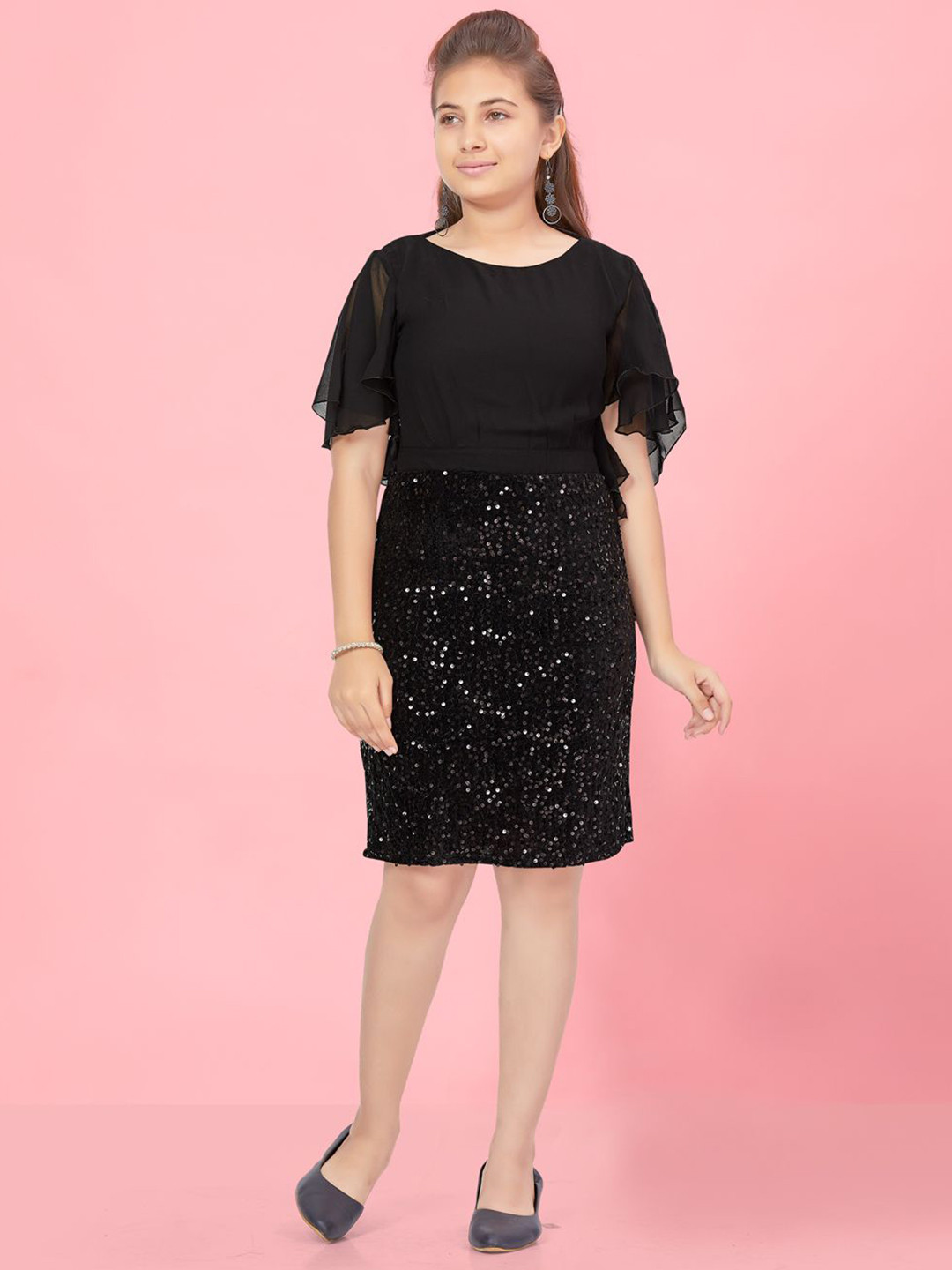 BAESD Flutter Girls Solid Embellished Flutter Sleeve A-Line Dress