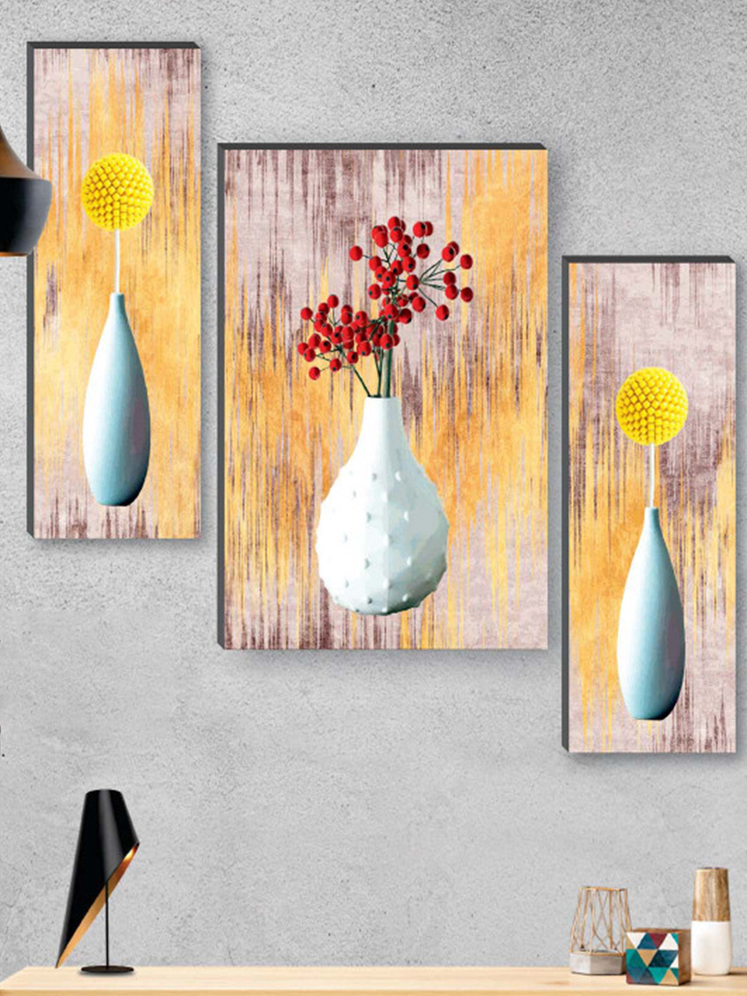 SAF Yellow & White 3 Pcs Preety Flower Pot UV Textured Self Adeshive Frame Wall Painting