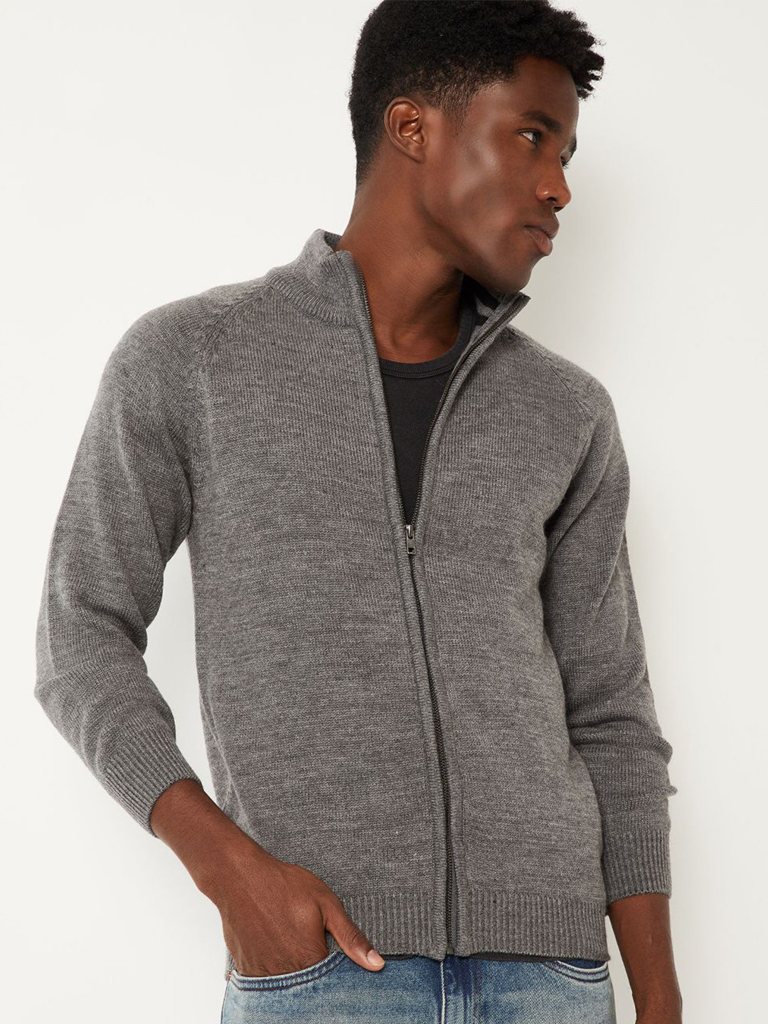 max Men Mock Collar Cardigan with Zip Detail