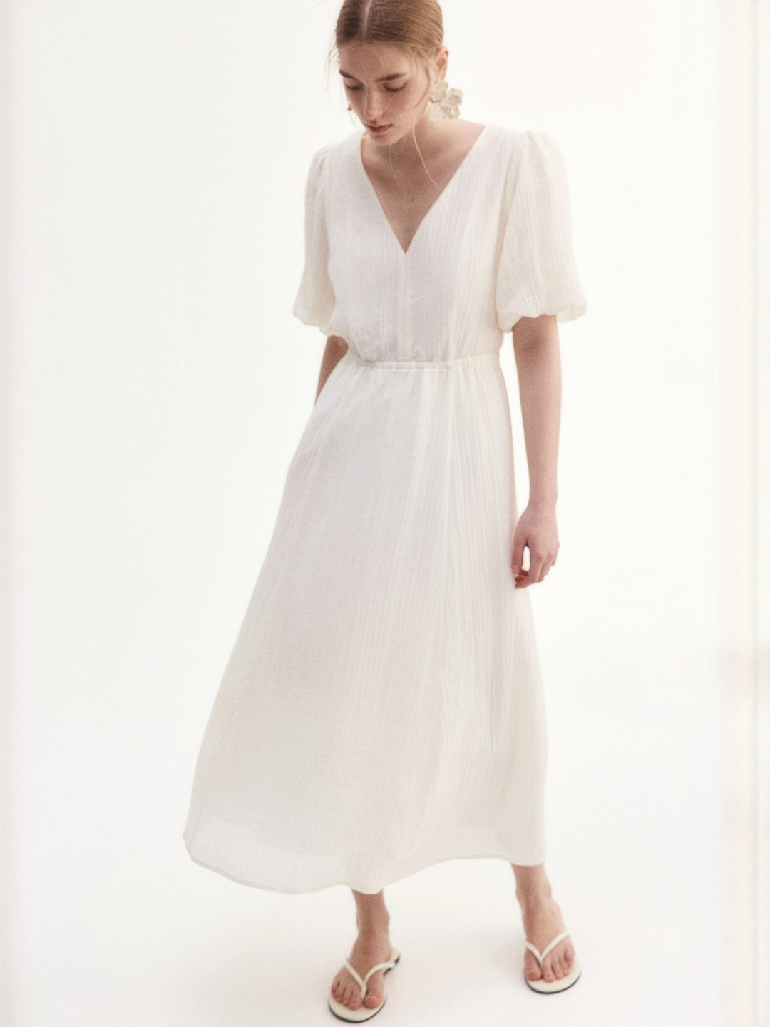 H&M Women V-Neck Puff Sleeves Midi Dress