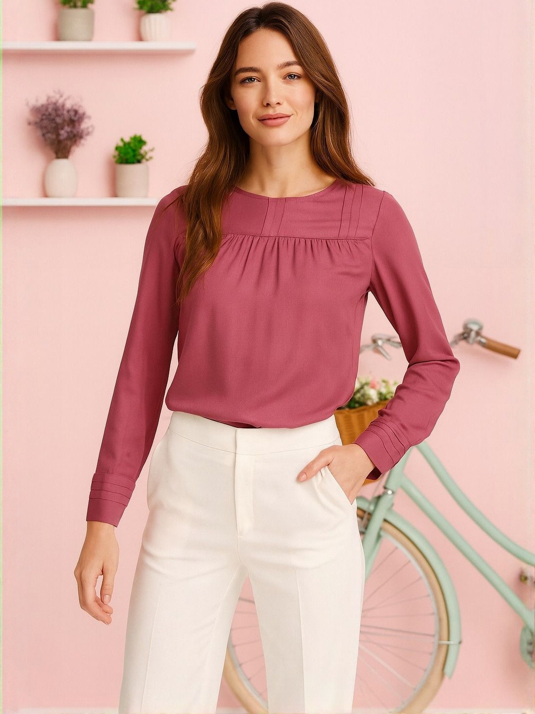 HERE&NOW Women Dusty pink Georgette Solid Round Neck long Nylon Causal Top