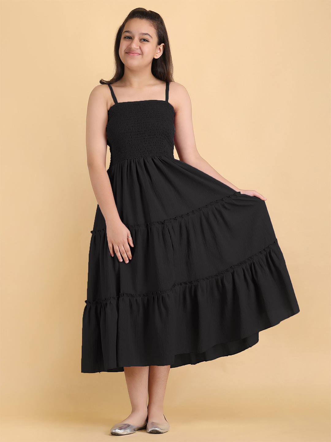 Pinly Crepe Girls Solid Fit & Flare Midi Dress