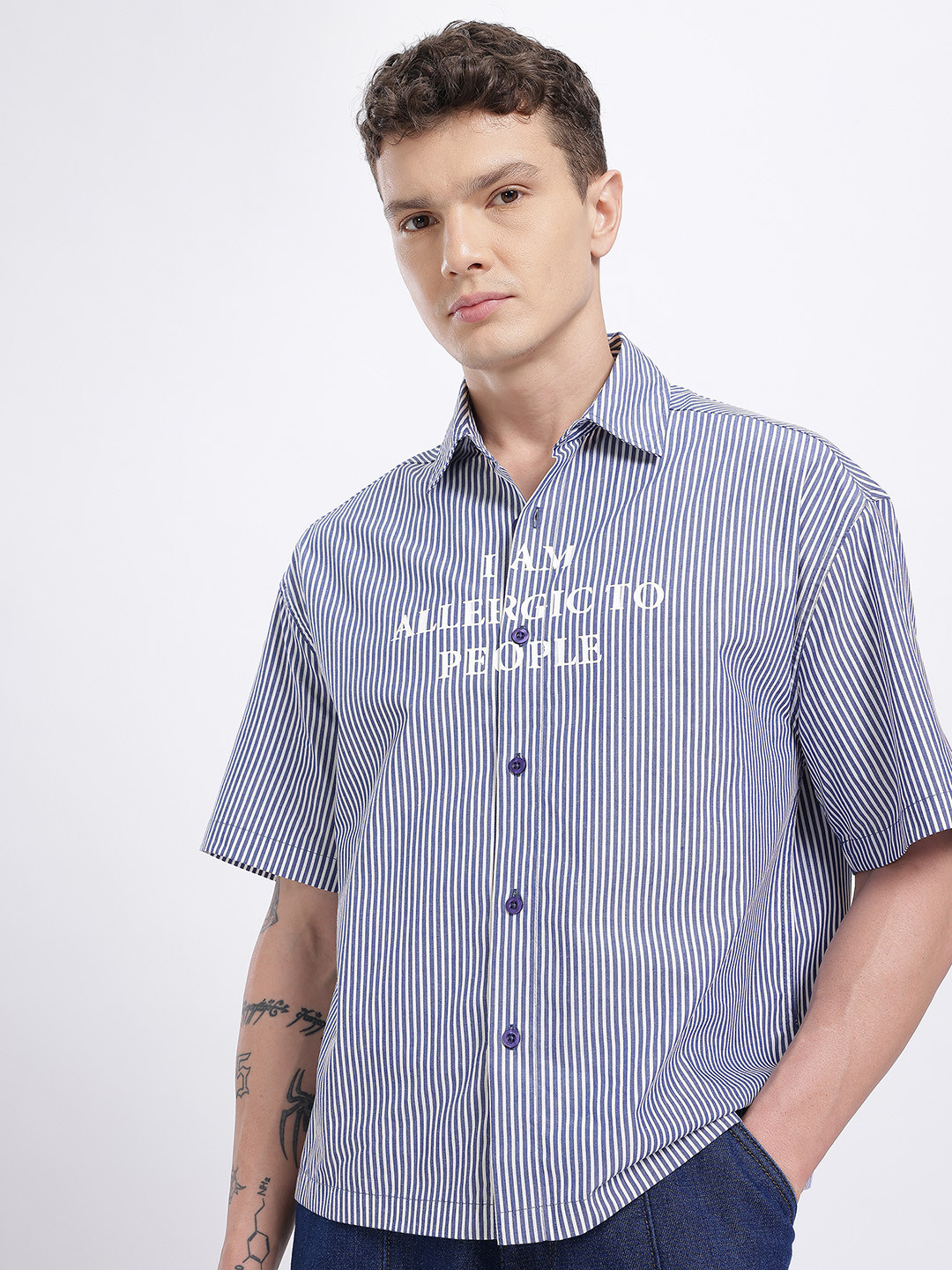 glitchez Typography Print Vertical Striped Oversized Shirt