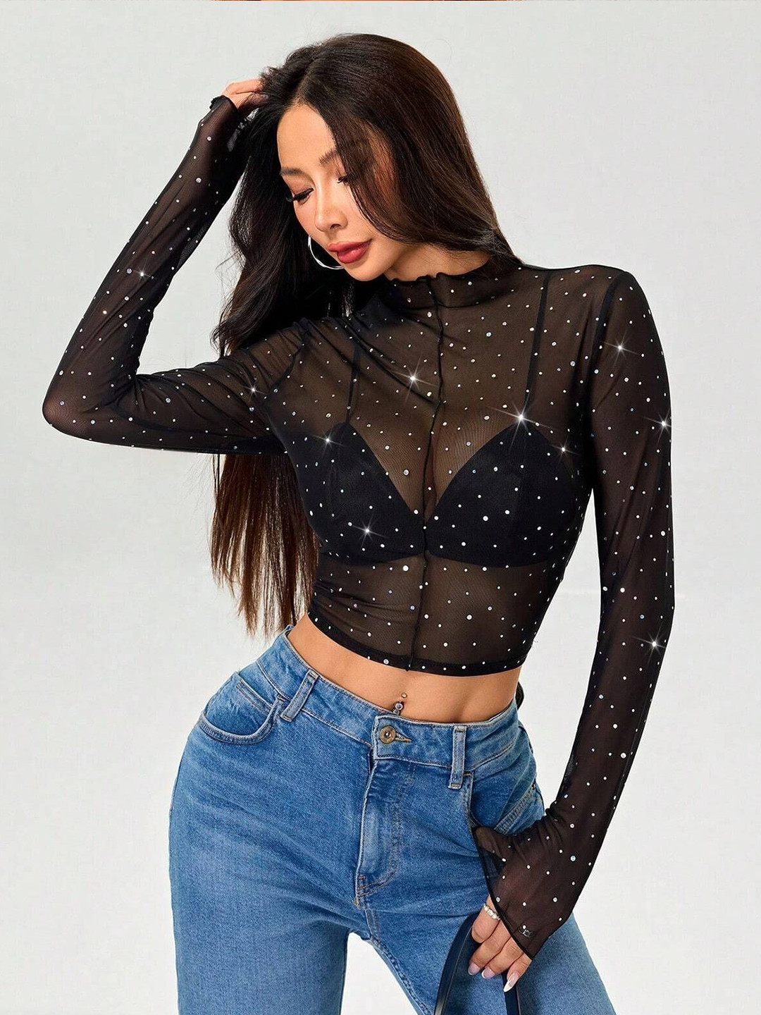 StyleCast Embellished Sheer High Neck Long Sleeves Crop Top
