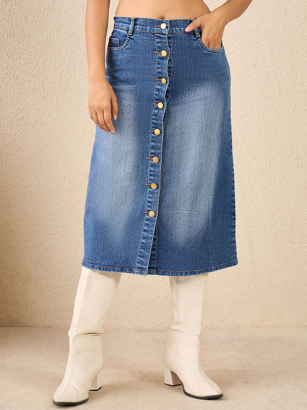 Chemistry Women Straight Midi Denim Skirt With Front Buttons