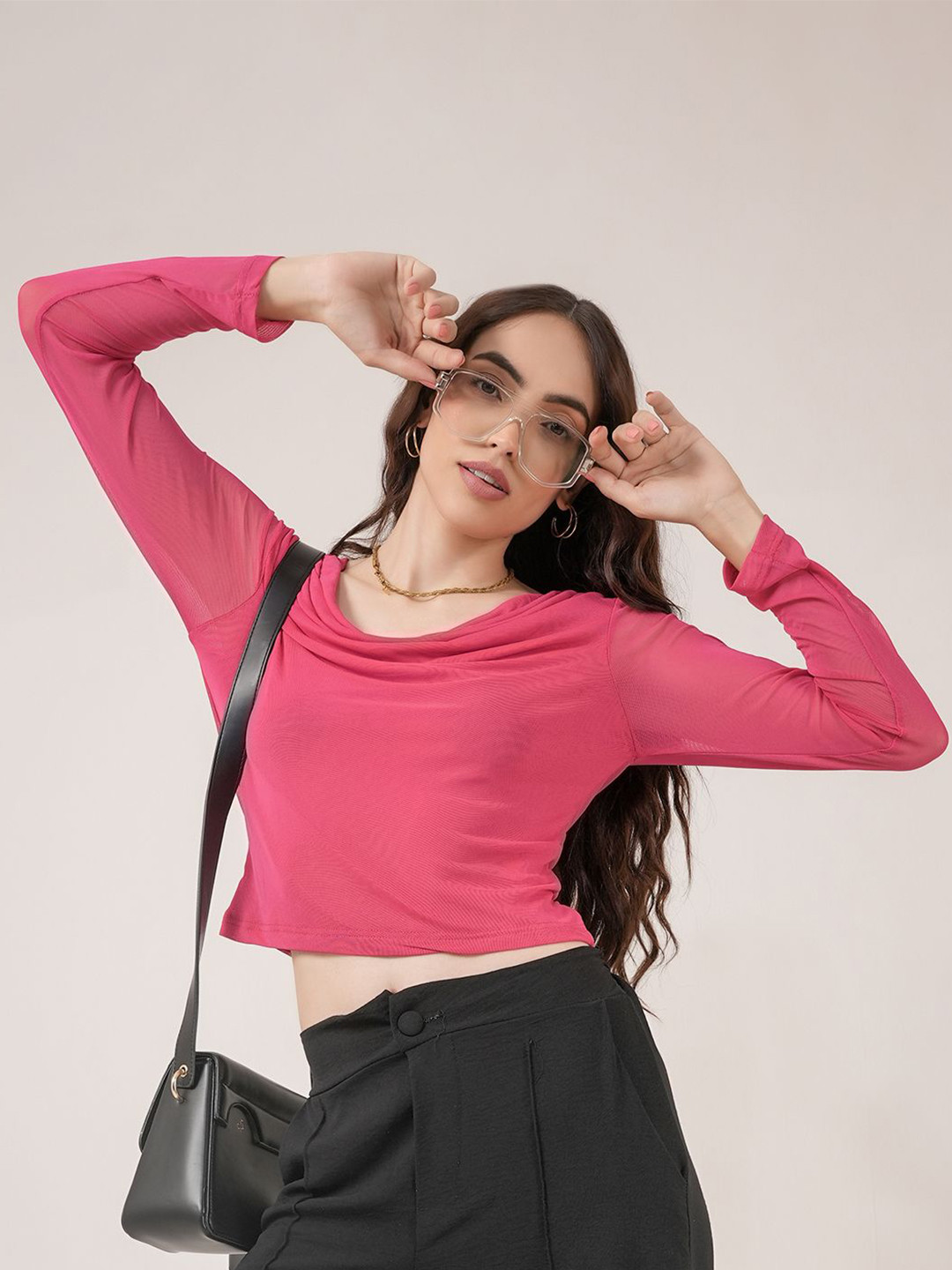 clobug Women Cowl Neck Net Crop Top
