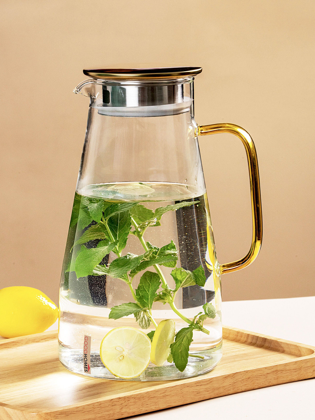 GOODHOMES Transparent & Gold Toned Glass Water Jug With Lid 1.8L