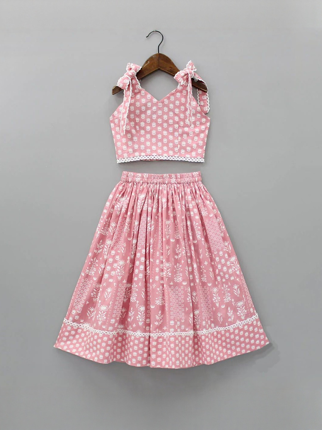 Leons Fab Girls Peach  Floral Printed Smocked Back Rayon Ready to Wear Top and Lehenga Set