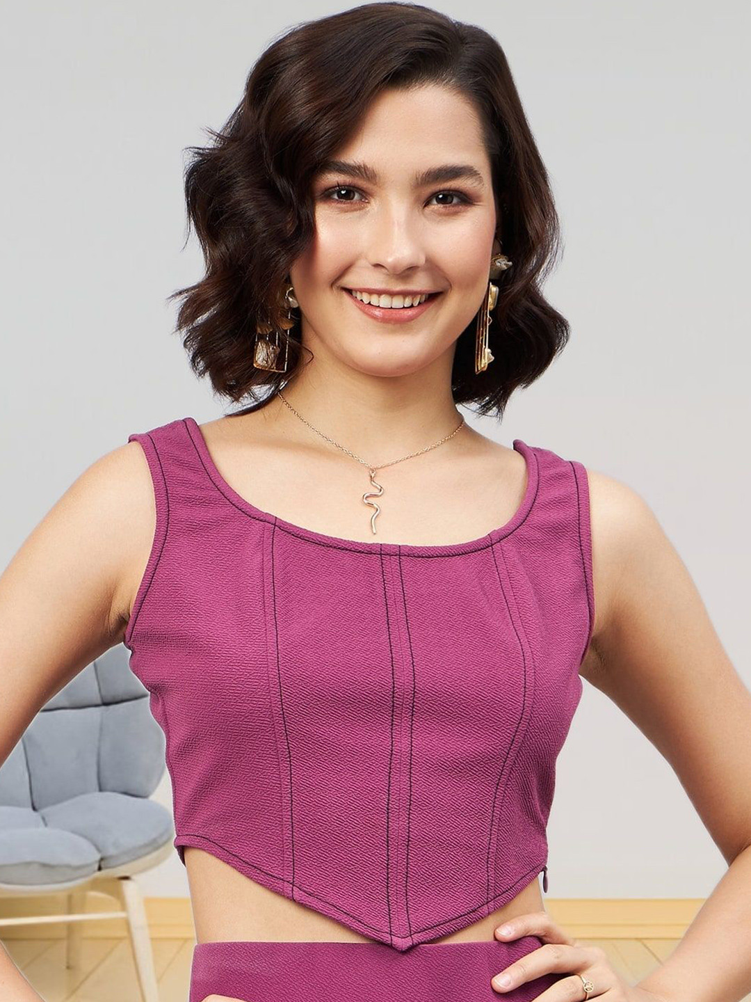 R.Code by The Roadster Life Co. Textured Self Design Round Neck Corset Crop Top