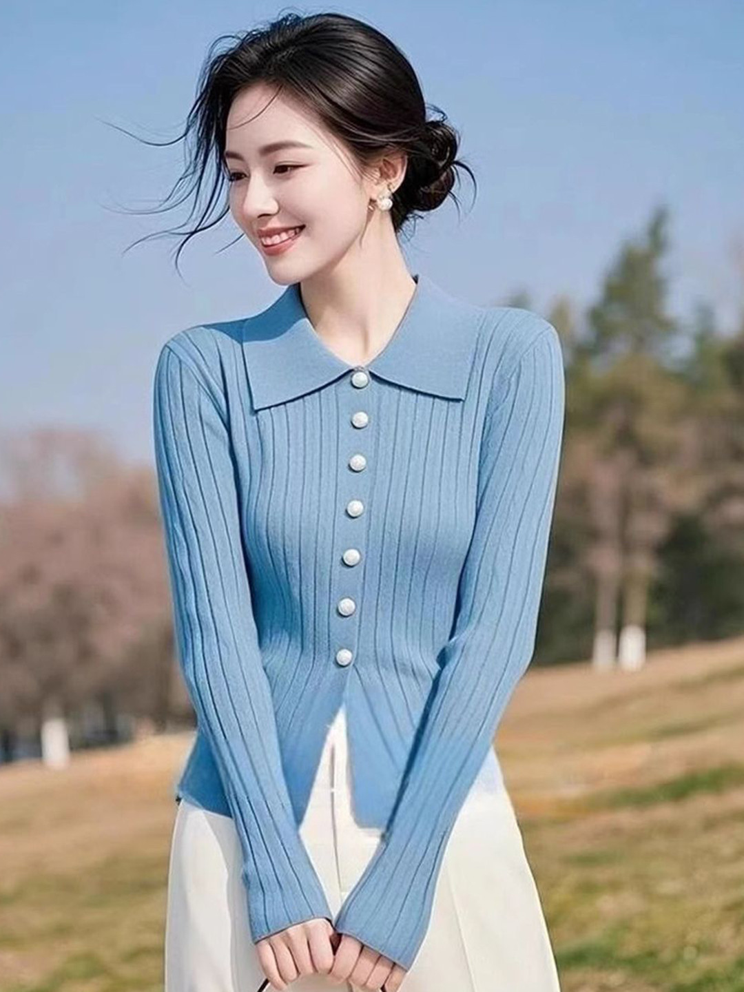 bebe Women Striped Full Sleeve Collared Sweaters