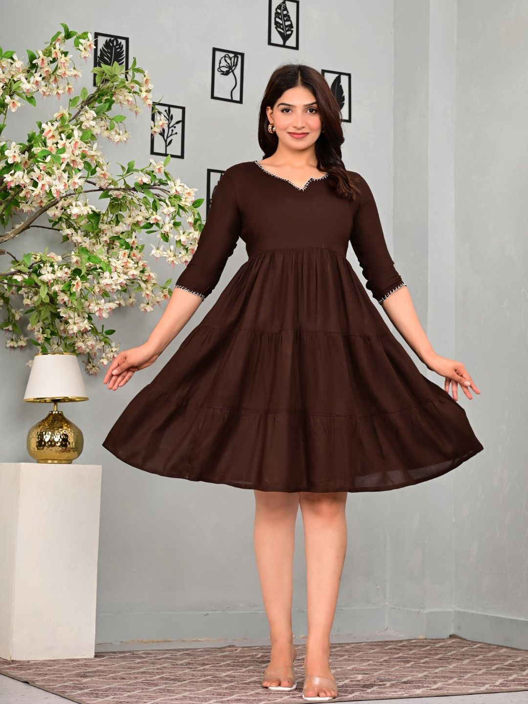 Wisking Creation Women V-Neck Fit and Flare Dress