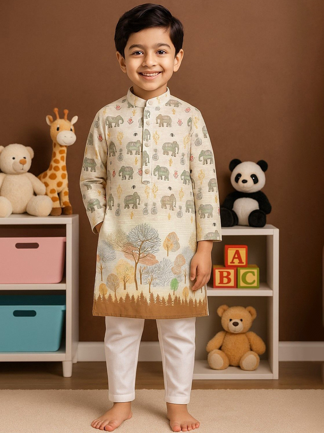 TAKE STYLE Boys Animal Printed Cotton Blend Regular Sequinned Kurta with Pyjamas