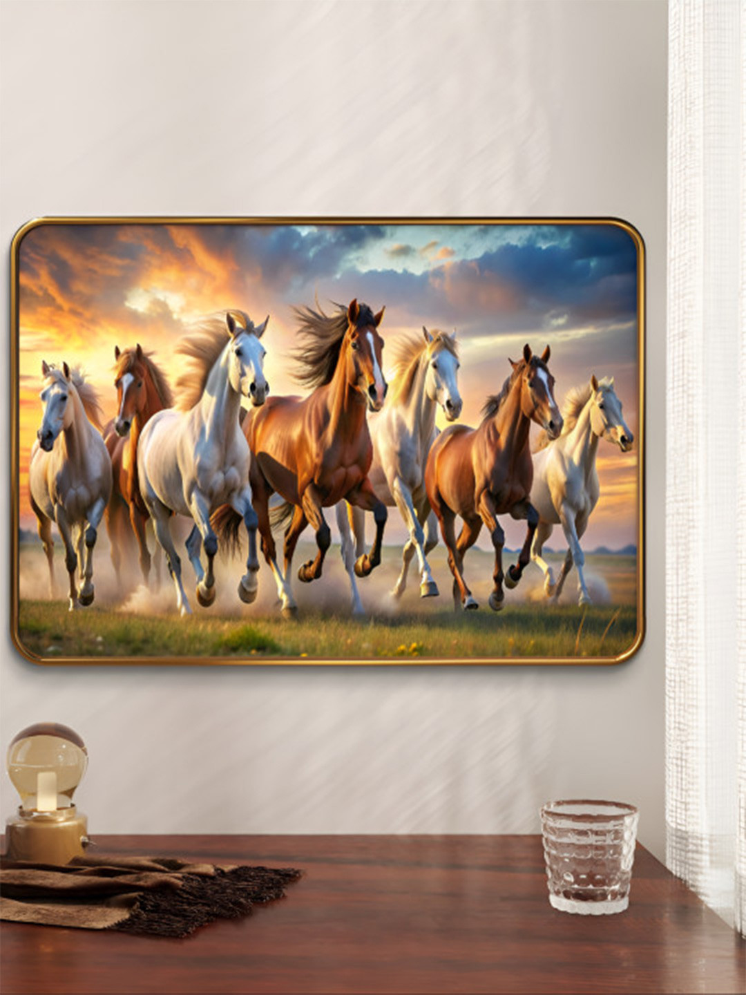 SAF Blue & White Seven Running Horses Sparkle Lamination Finished Wood Wall Painting