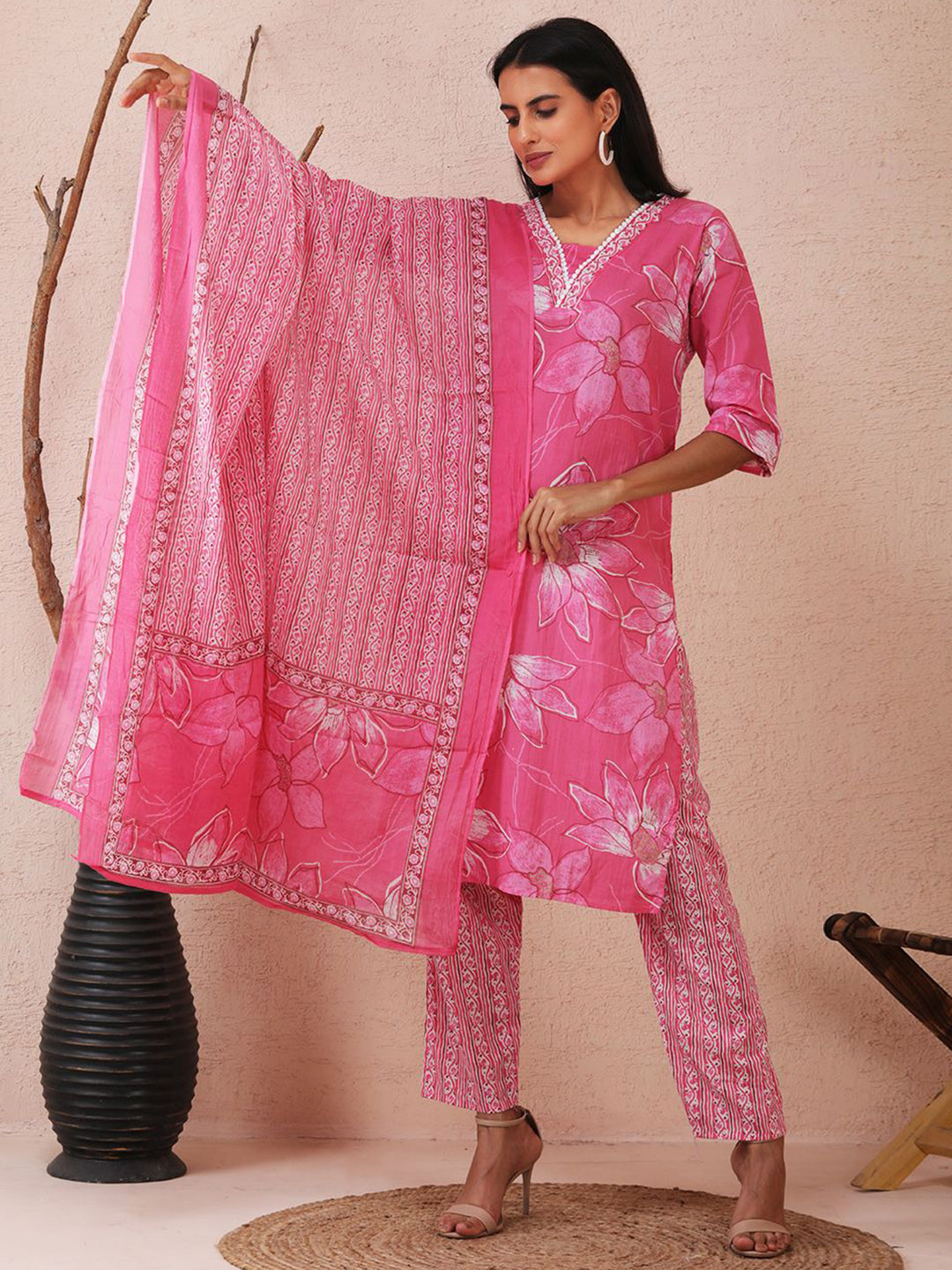 Sold For Style Floral Printed V-Neck Pure Cotton Kurta With Trousers & Dupatta