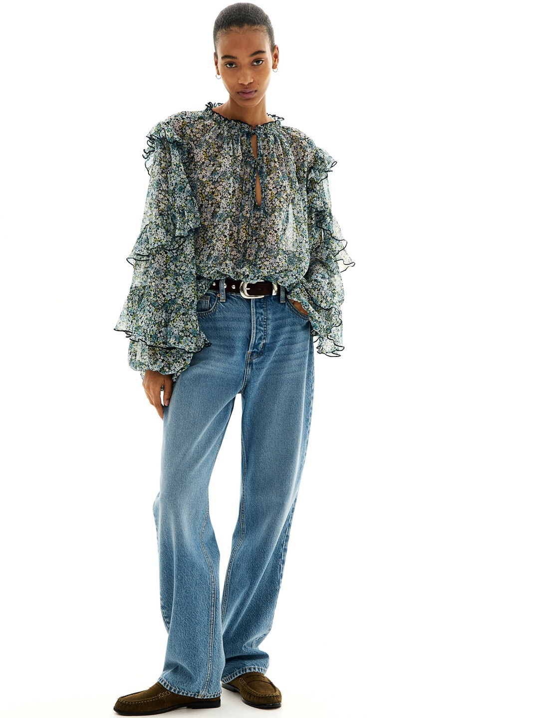 H&M Women Flounced Chiffon Bell Sleeves Blouson Top