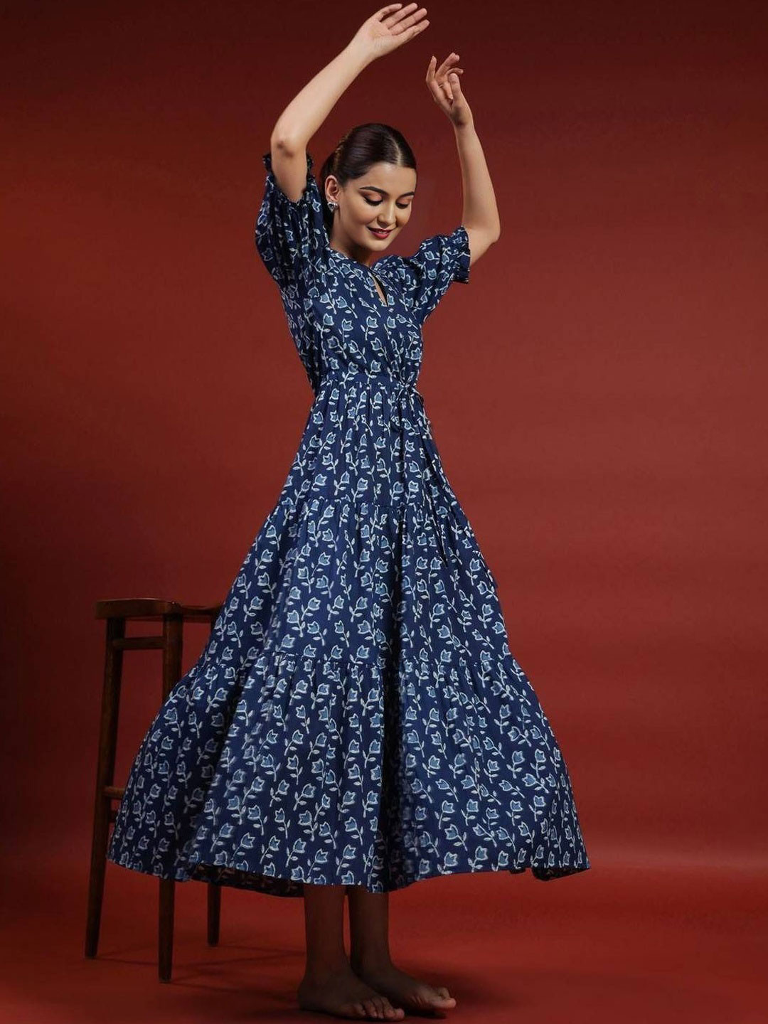 PRESHA Women Floral Print Puff Sleeve Tiered Cotton Fit & Flare Maxi Dress