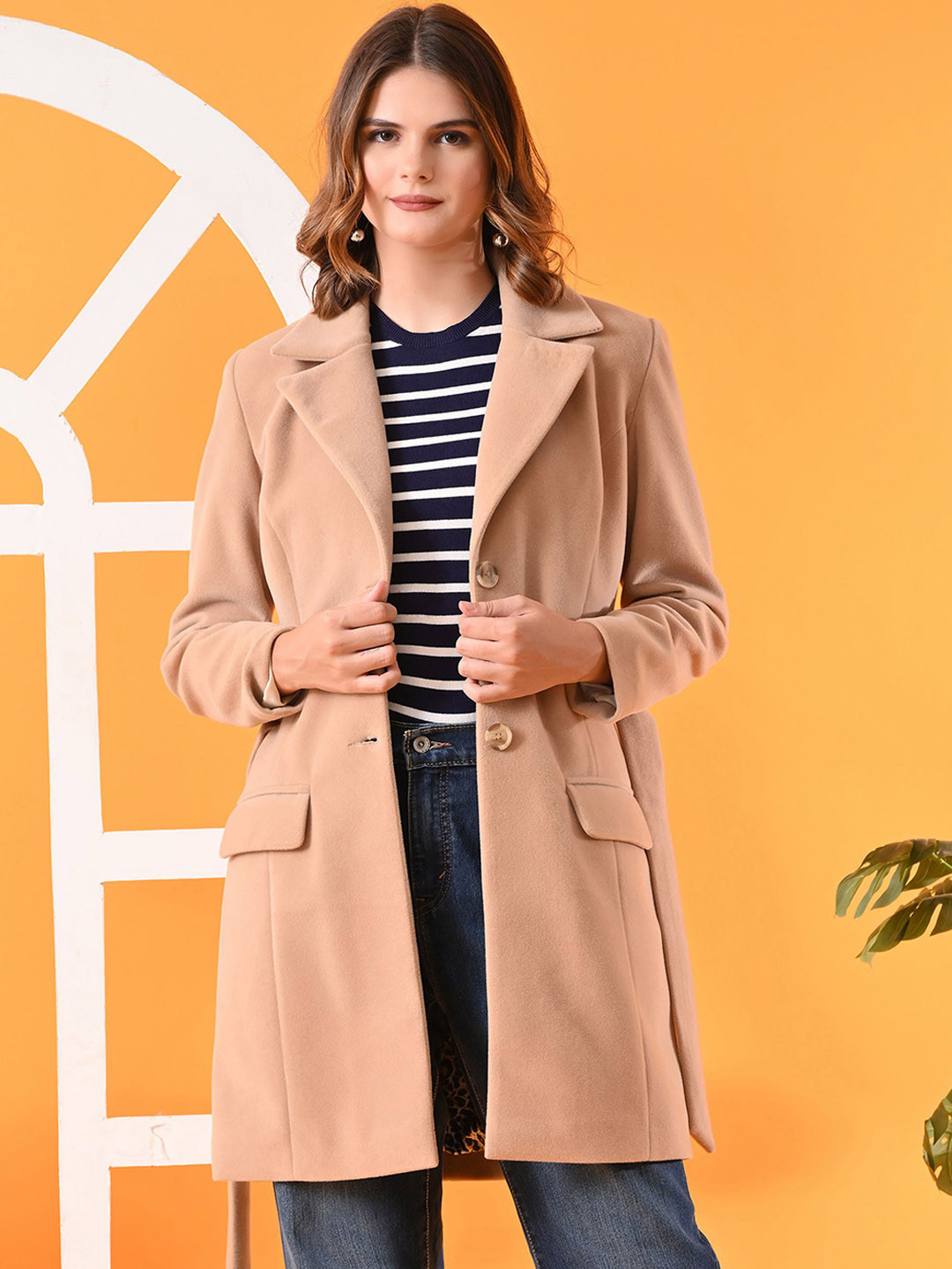 TBOJ Women Notched Lapel Leather Single-Breasted Trench Coat With Belt