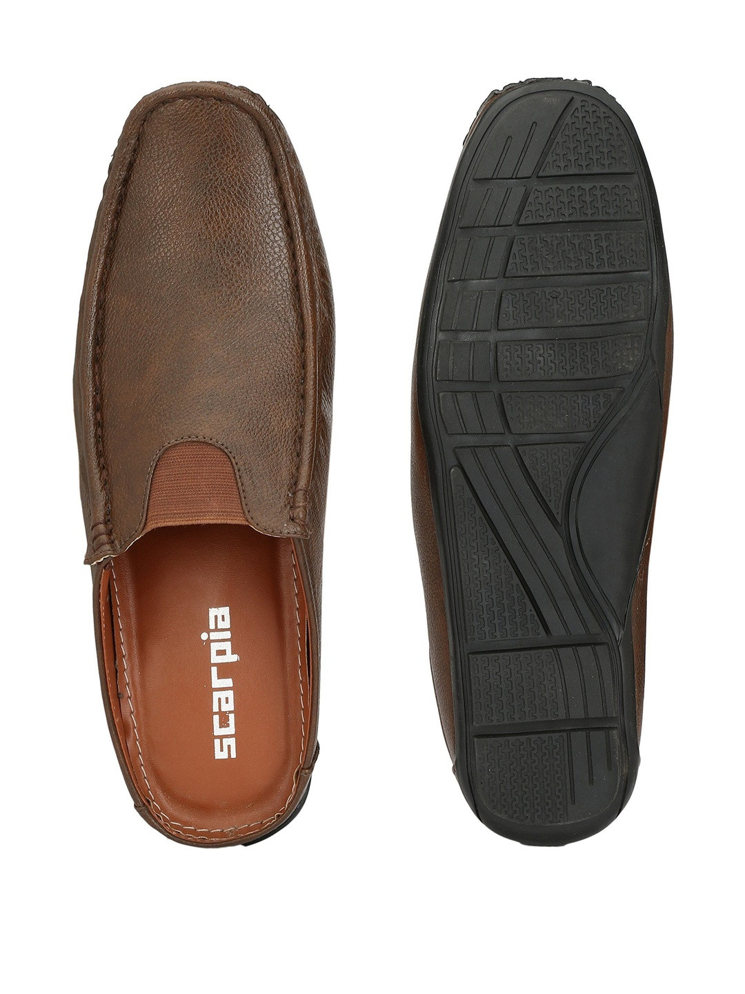 SCARPIA Men Brown Textured Square Toe Synthetic Slip On Loafers