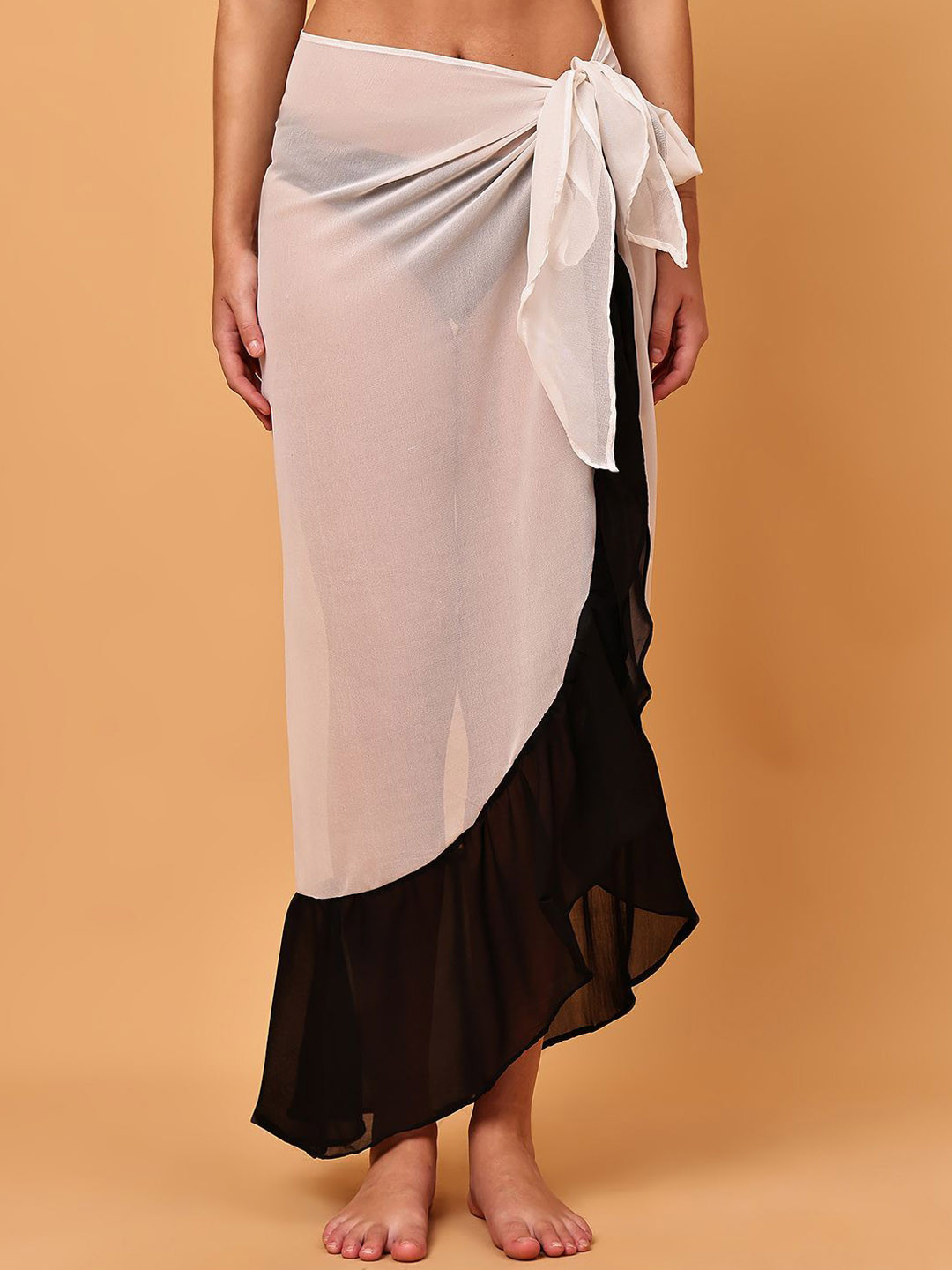 Blissence Women White & Black Sheer Wrap Around Skirt Sarong