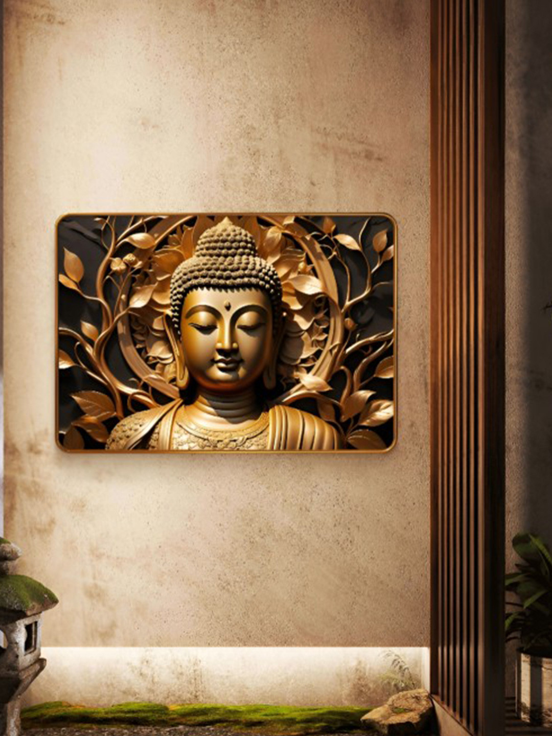 SAF Brown & Beige Buddha Sparkle Lamination Finished Wood Wall Painting