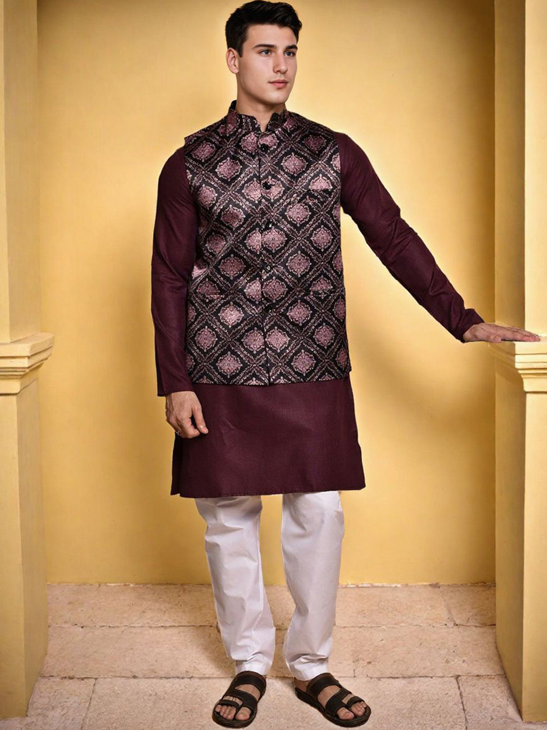 PRINTCULTR Men Kurta With Churidar With Nehru Jacket