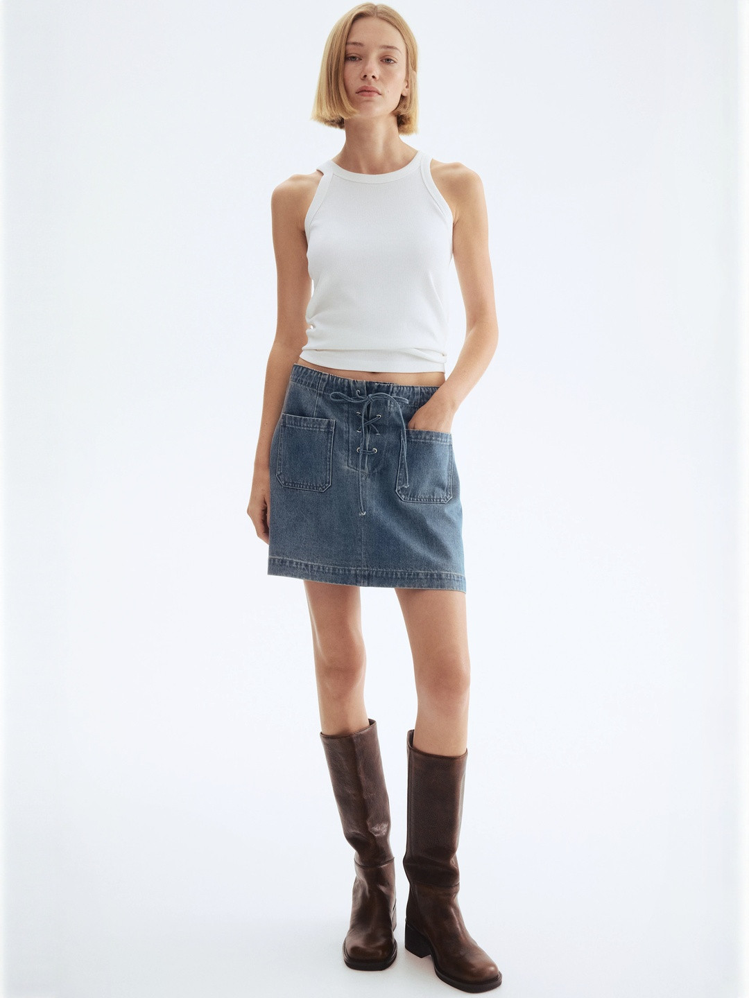 H&M Denim Lace-Up Pure Cotton Mini Skirt