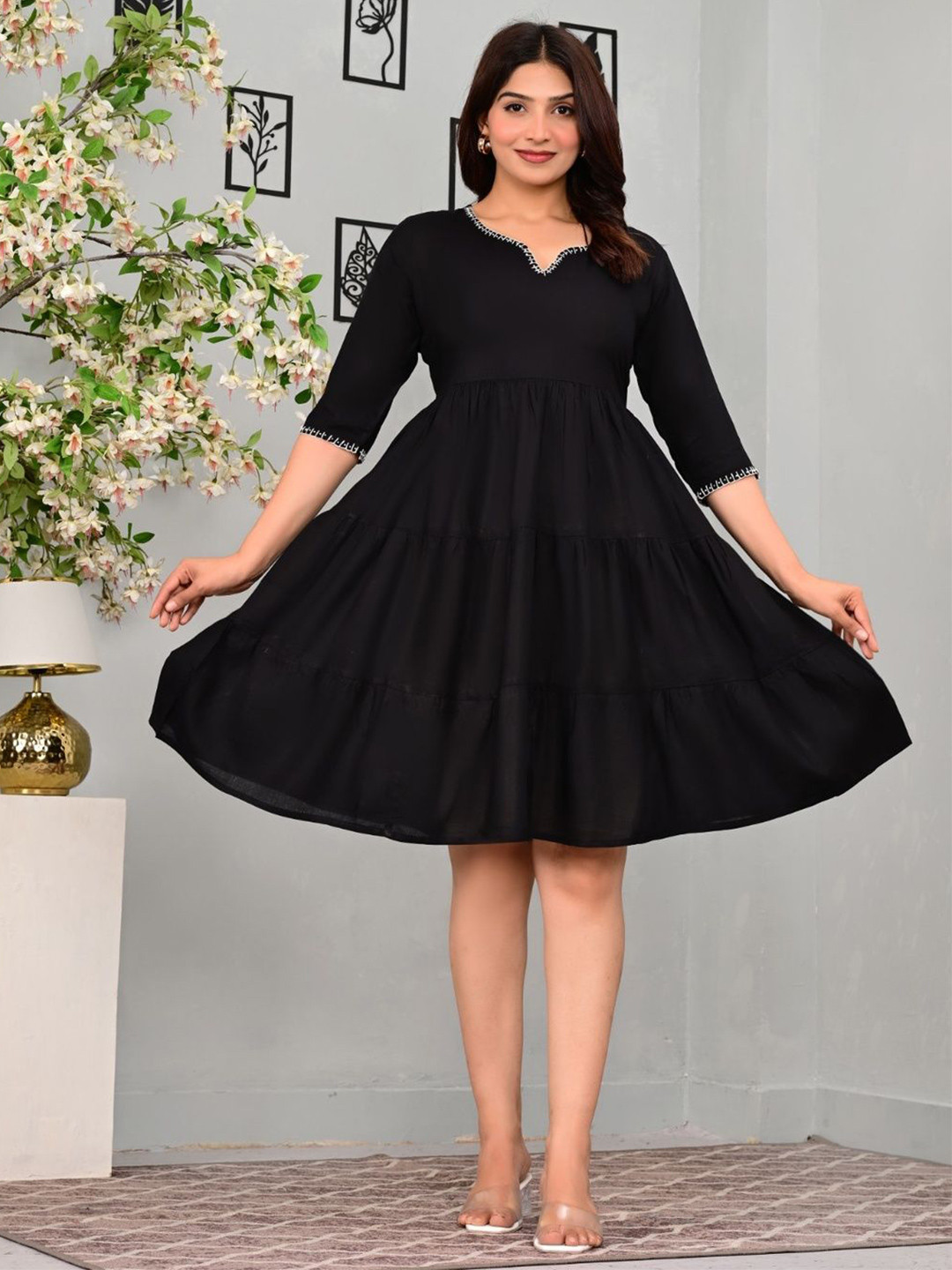 Colorful Collection Solid Fit Flare Knee Length Mini Dress