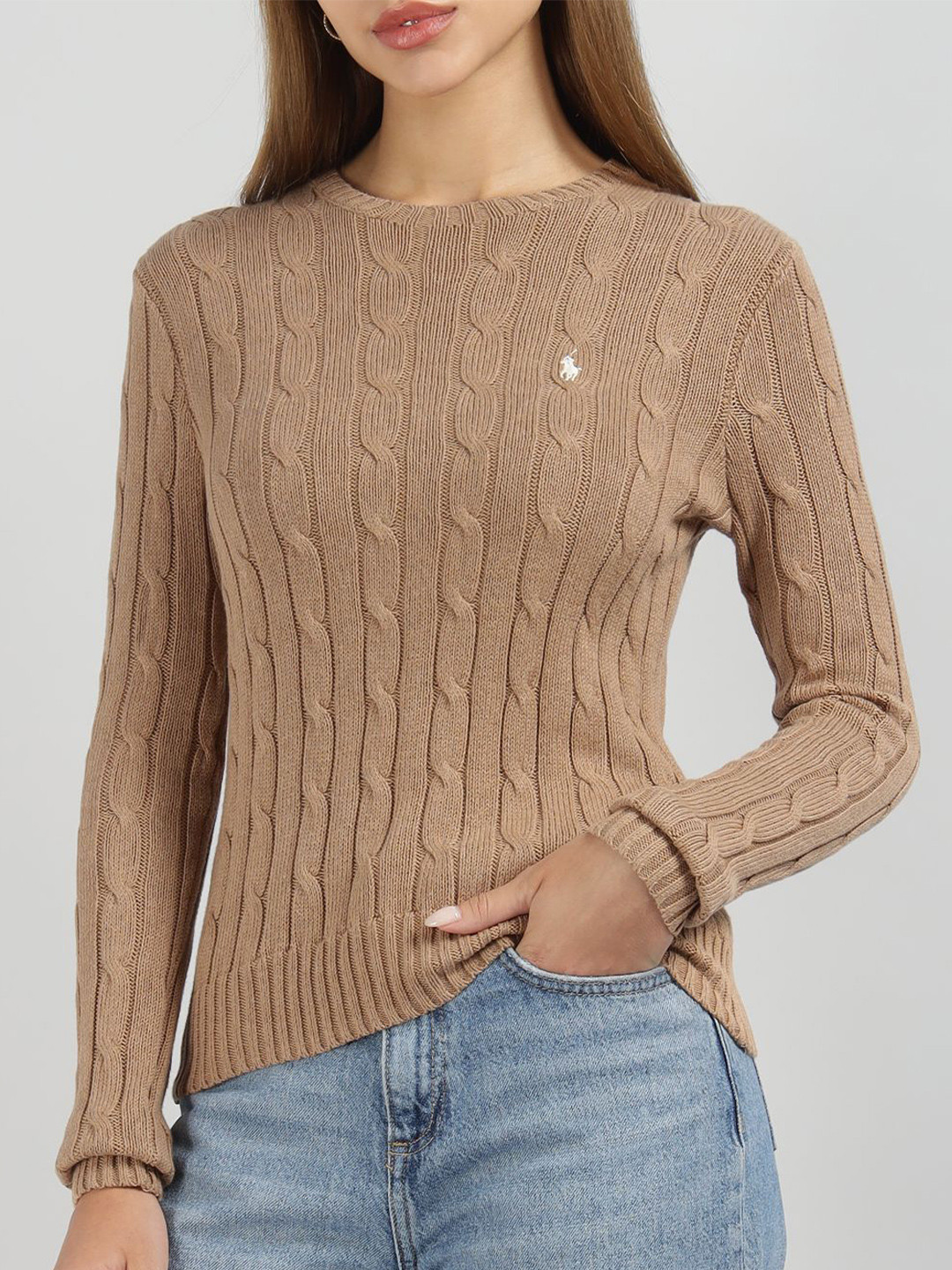 Polo Ralph Lauren Women Cable Knit Round Neck Pure Cotton Sweater