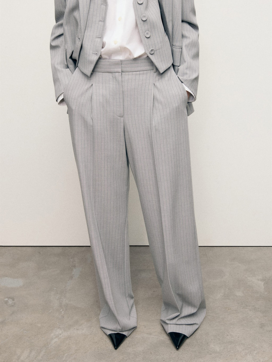 MANGO Women Vertically Striped Low-Rise Formal Pleated Wide Leg Trousers