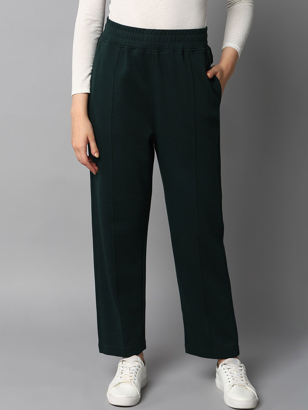 Alan Jones Women Stretch Straight Fit With Pin Tucks Trousers