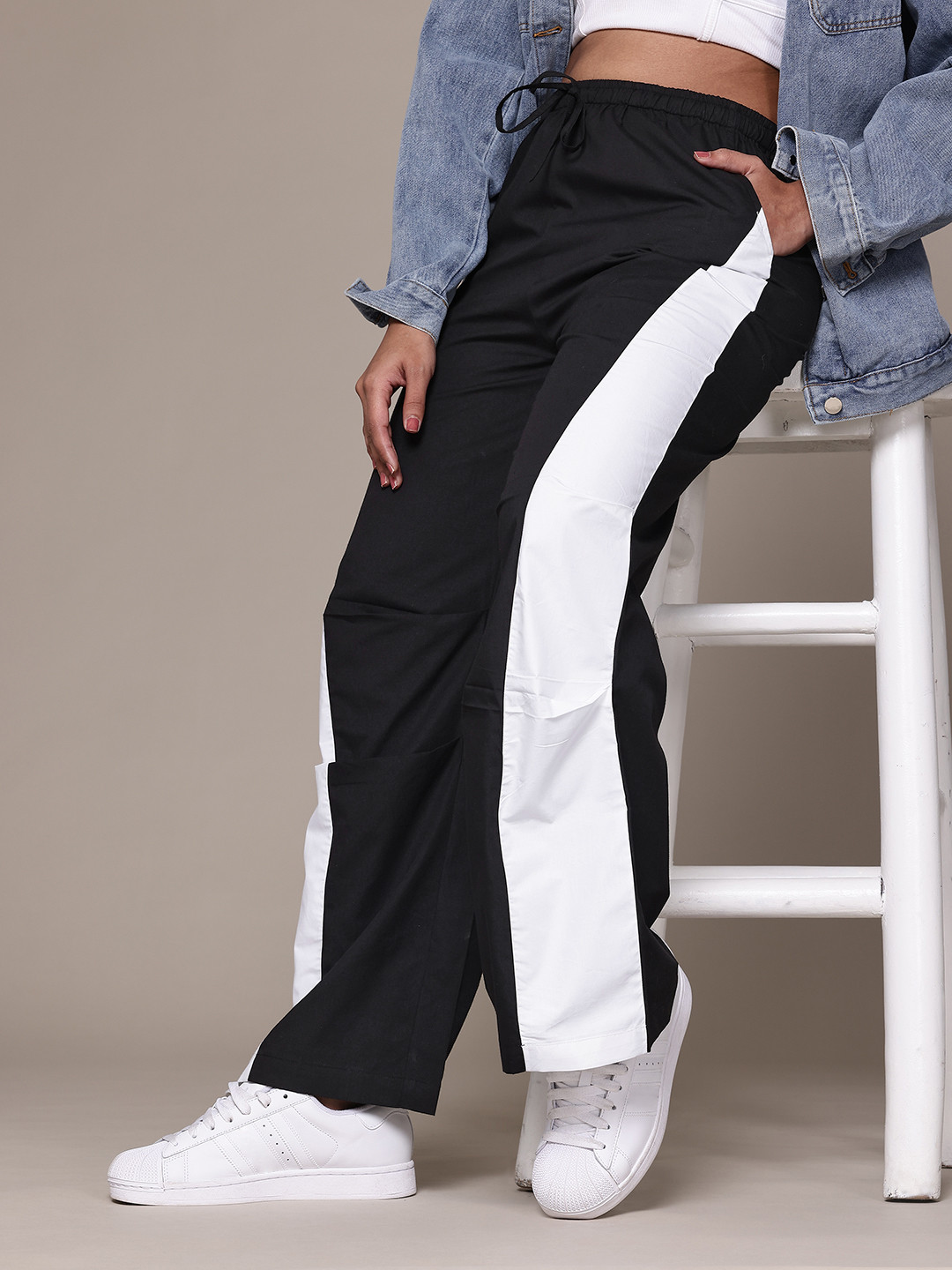 Popnetic Women Colourblocked High-Rise Pure Cotton Wide Leg Fit Parachute Trousers