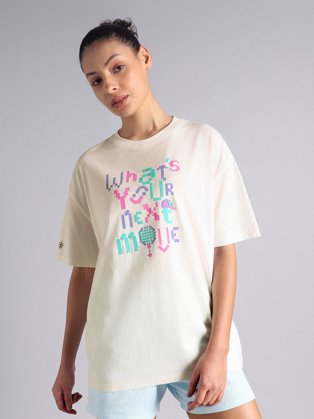 CULT Women Off White Sporty Graphic Oversized T-shirt