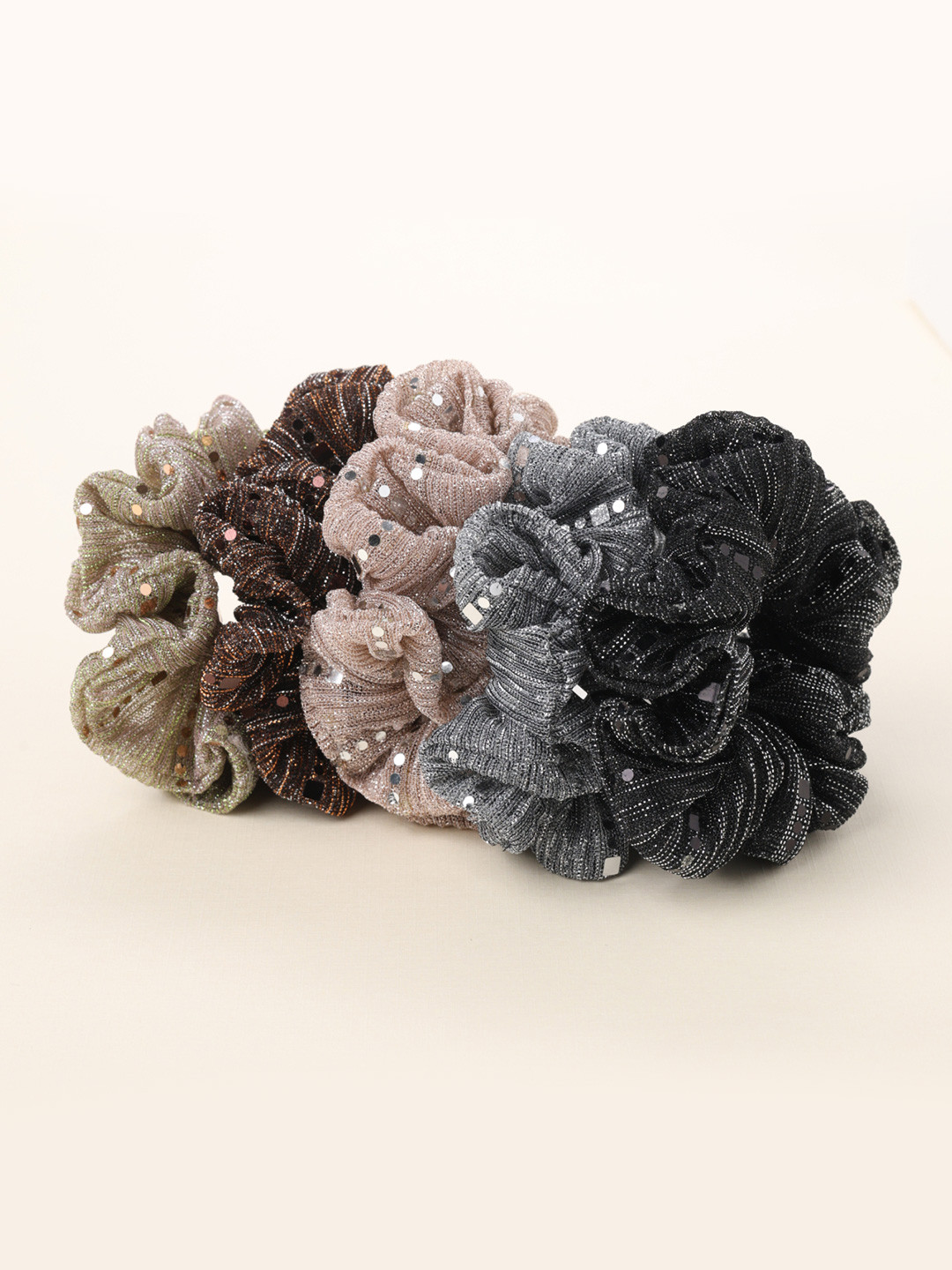 Choko Women Set of 5 Shimmer Scrunchies with Sequin Detailing Hairband