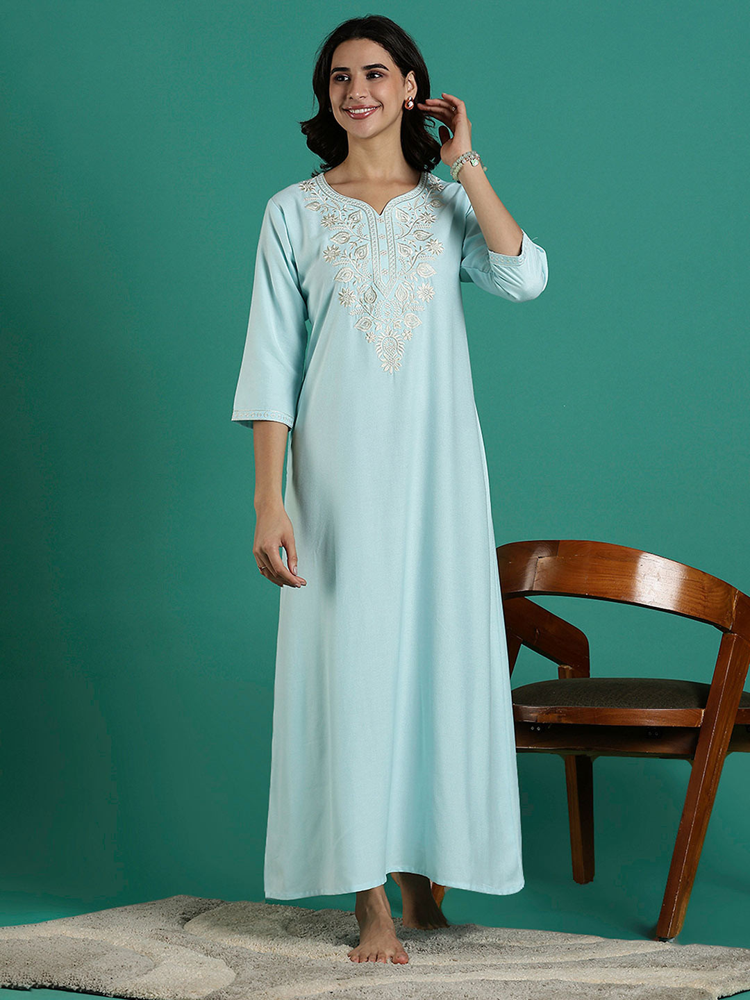 9shines Label Women Embroidered Three-Quarter Sleeves Maxi Nightdress