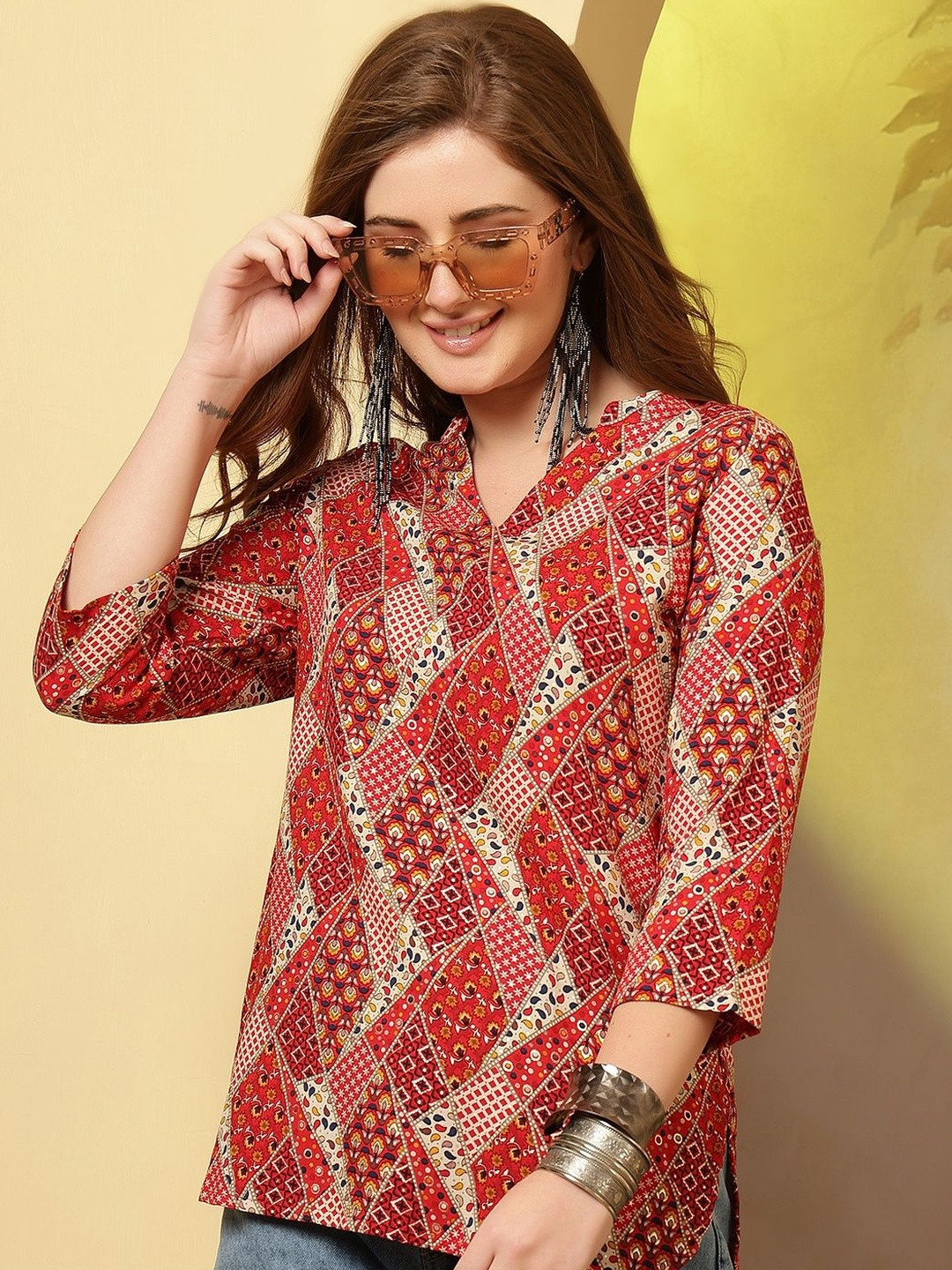 Anouk Women Red Printed Mandarin Collar Rayon Kurti