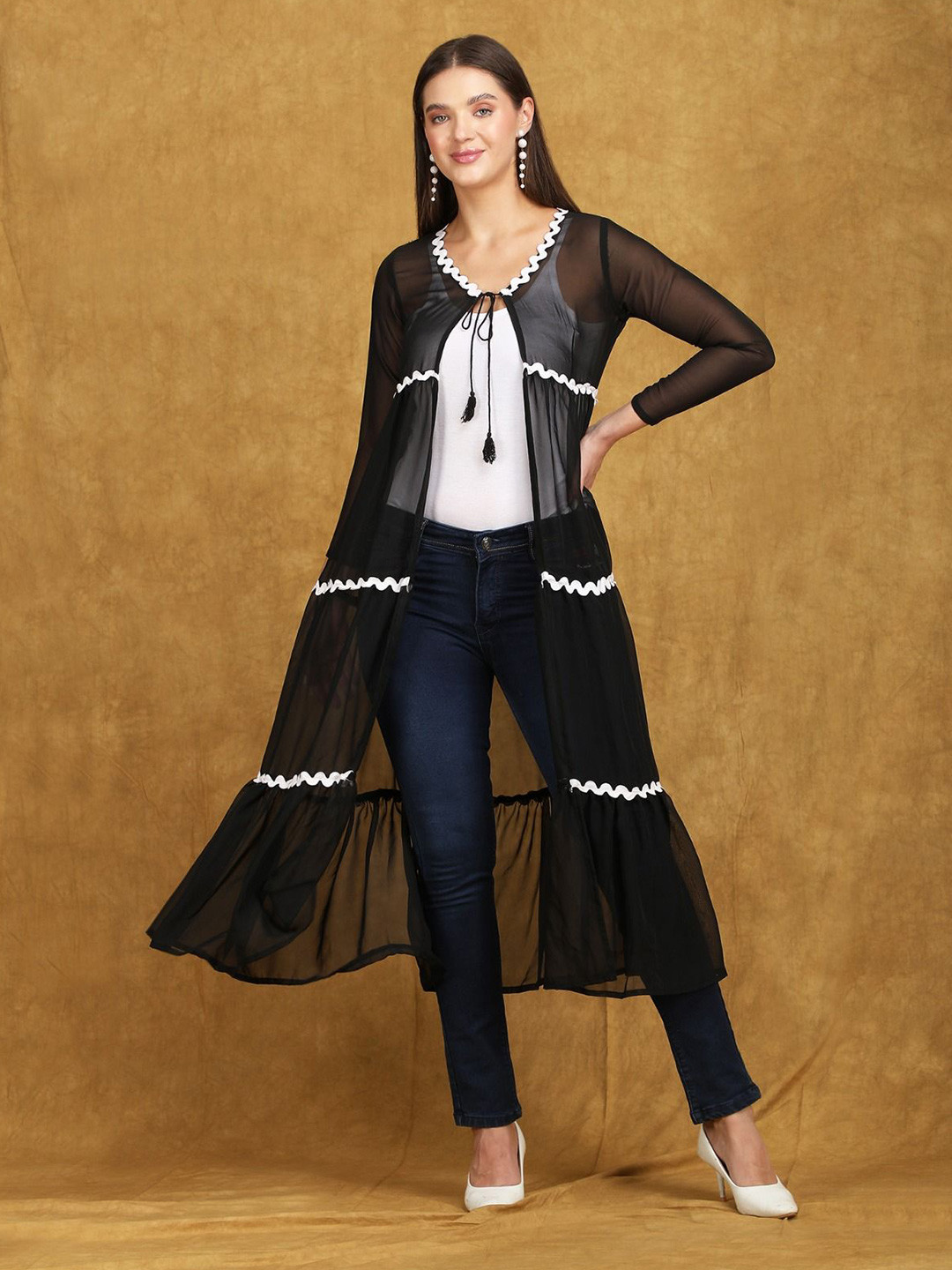 AB Collection Striped V-Neck Longline Shrug