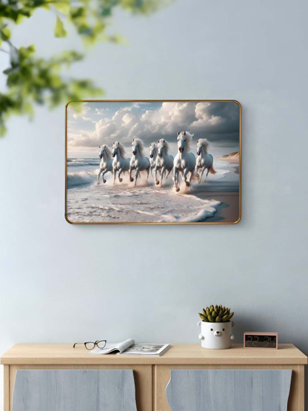 SAF Blue & White Seven Running Horses Sparkle Lamination Finished Wood Wall Painting