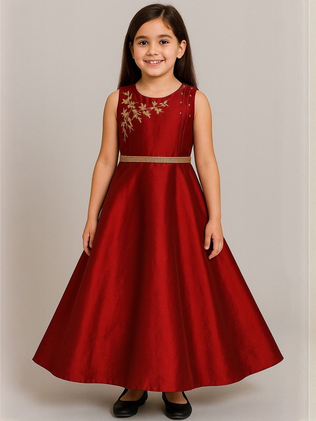My Lil Princess Girls Red Sequins Embellished Round Neck Silk Blended A-Line Maxi Dress