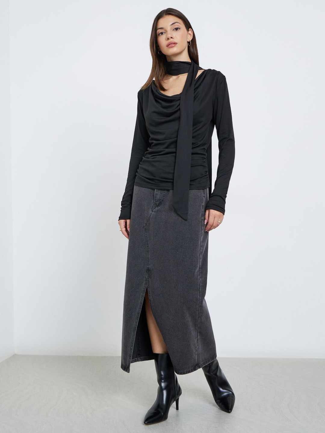 Styli Women Cowl Neck Long Sleeve Knit Top with Scarf Detail