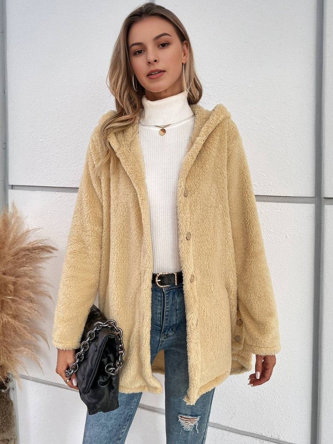 HERE&NOW Women Beige Plush Hooded Coat